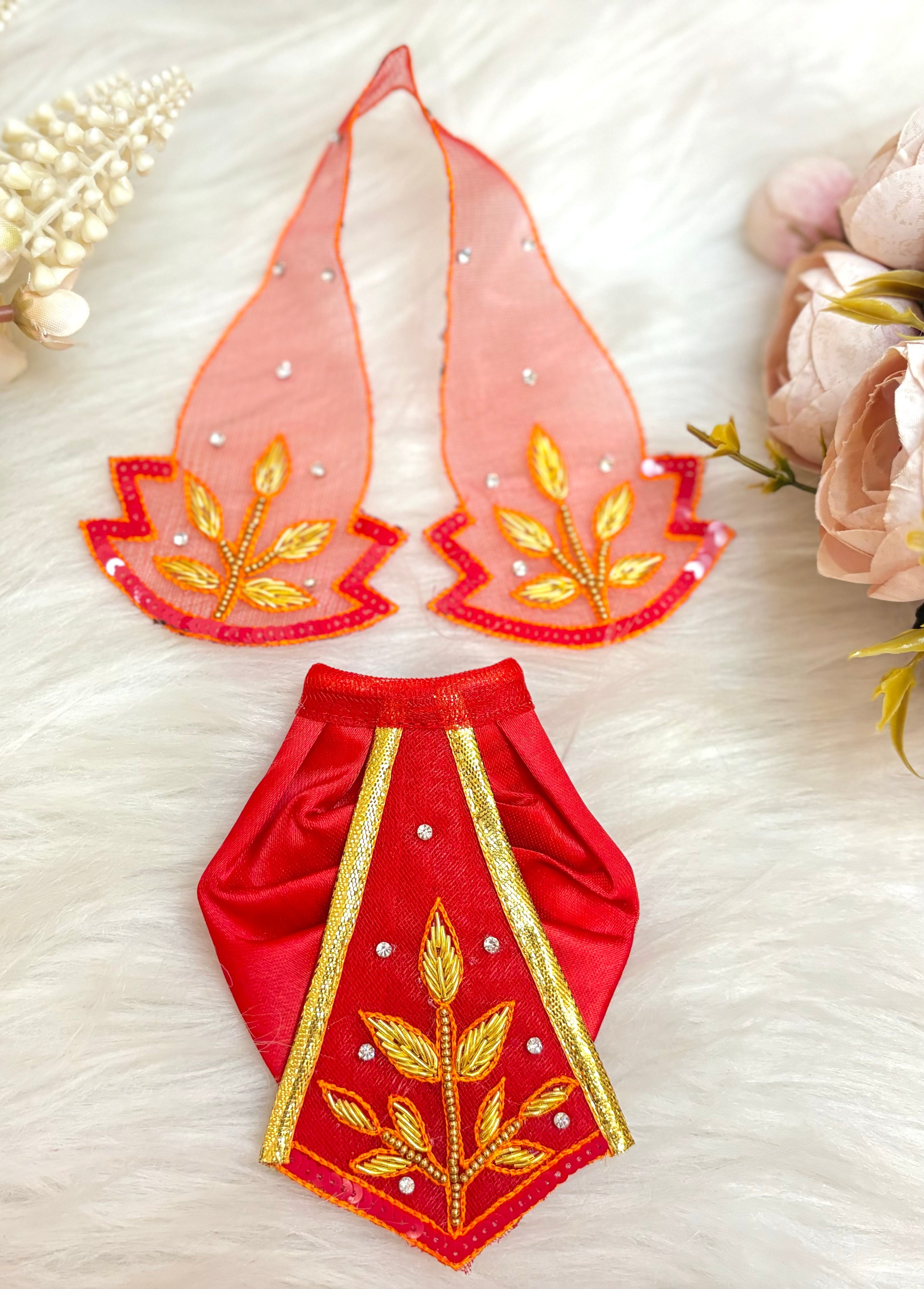 Designer Luxe Lehenga & Dhoti Set for Laddu Gopal - Golden Red Leaf Poshak for Kanha Ji, Bal Gopal & Krishna Ji - Perfect for Janmashtami Celebrations