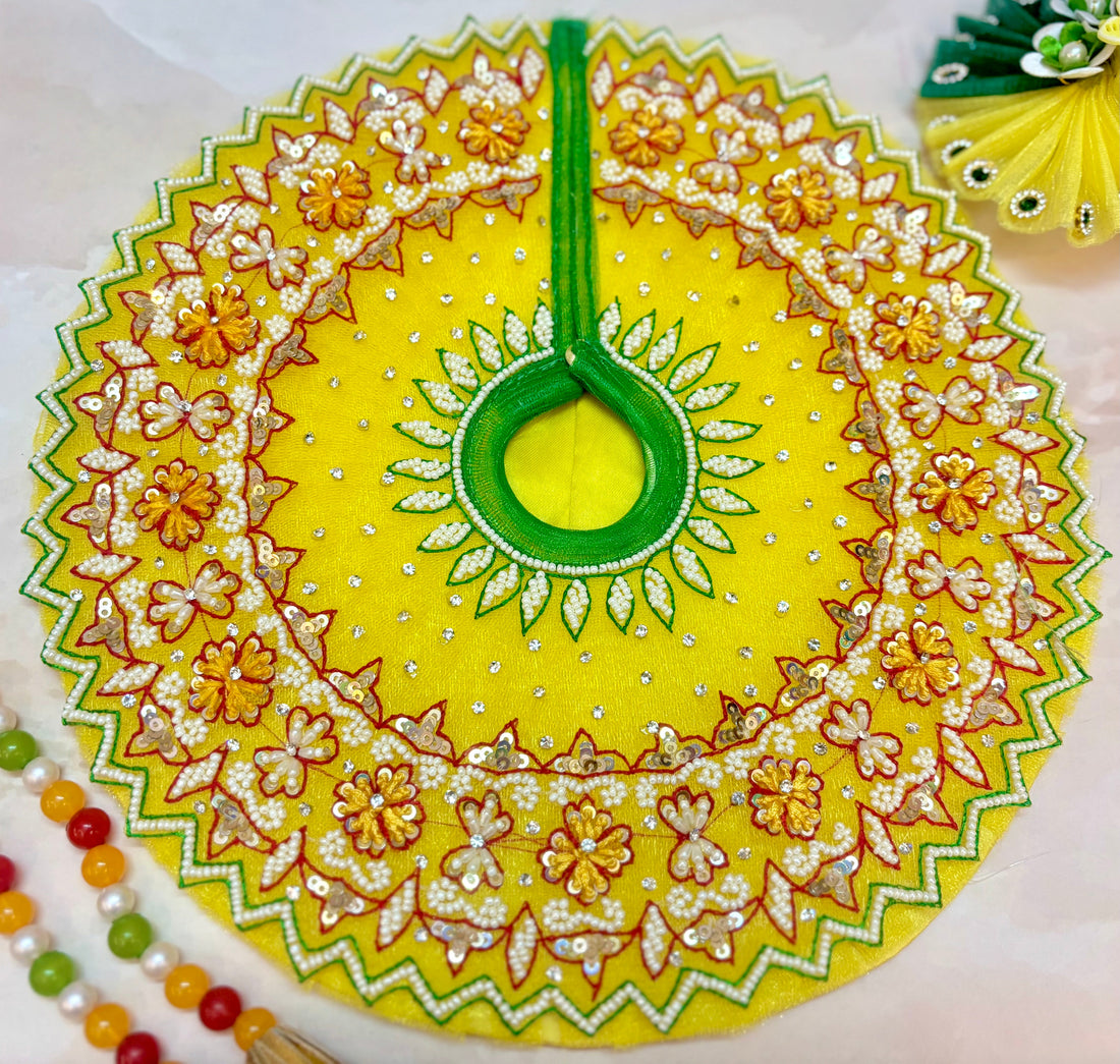 Luxe Handmade Yellow Pearl Hand Embroidered Laddu Gopal Dress Set - Designer Kanha Ji Poshak for Janmashtami & Festivals | Bal Gopal Fancy Dress