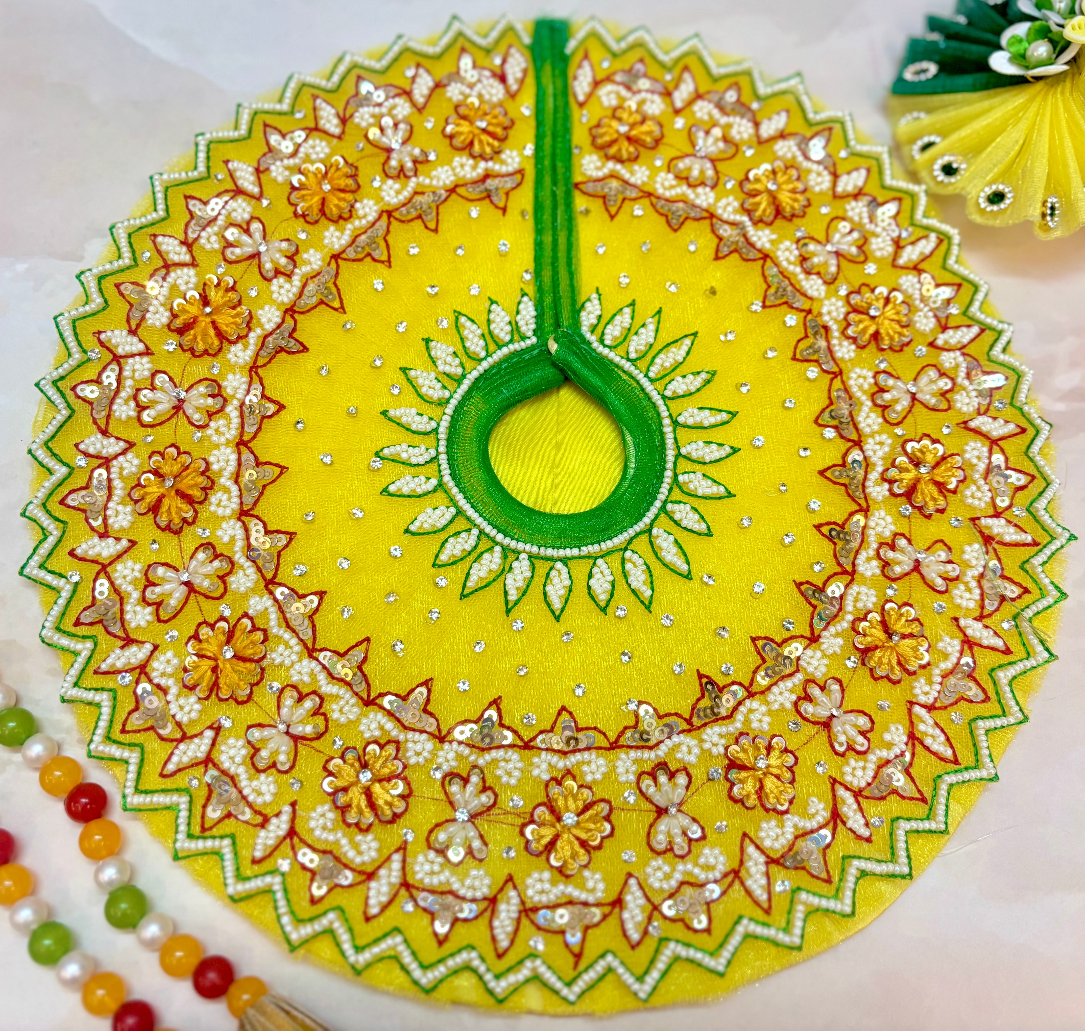 Luxe Handmade Yellow Pearl Hand Embroidered Laddu Gopal Dress Set - Designer Kanha Ji Poshak for Janmashtami & Festivals | Bal Gopal Fancy Dress