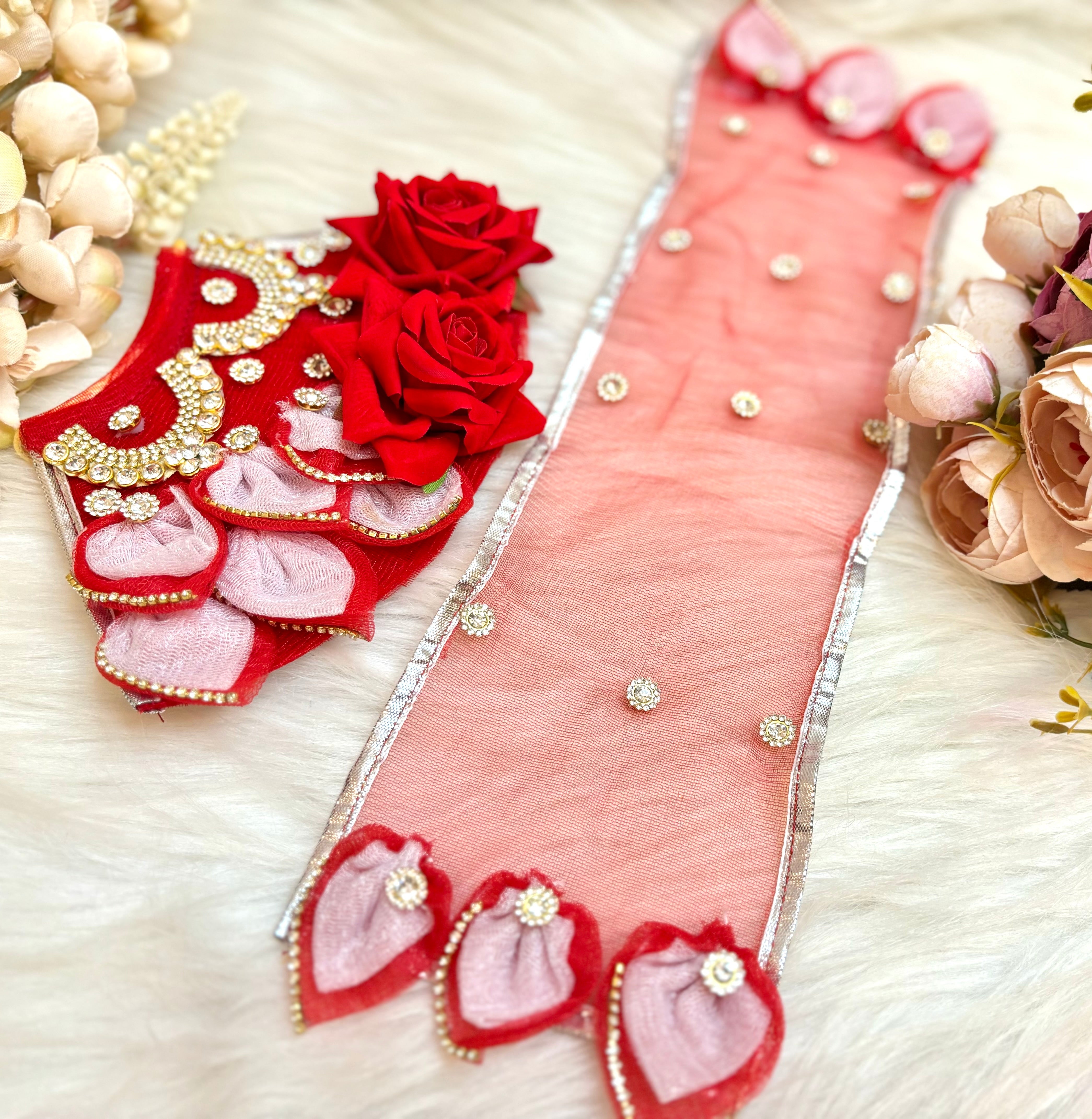 Handmade 7-Piece Red Rose Lehenga & Dhoti Set for Laddu Gopal | Designer Kanha Ji Poshak & Bal Gopal Dress for Janmashtami Festival