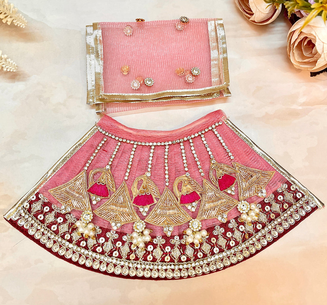 Handmade Peach-Pink Divine Bells Lehenga & Dhoti Set for Laddu Gopal | Designer Kanha Ji Poshak | Bal Gopal & Krishna Ji Dress - 6 Piece Festival Outfit