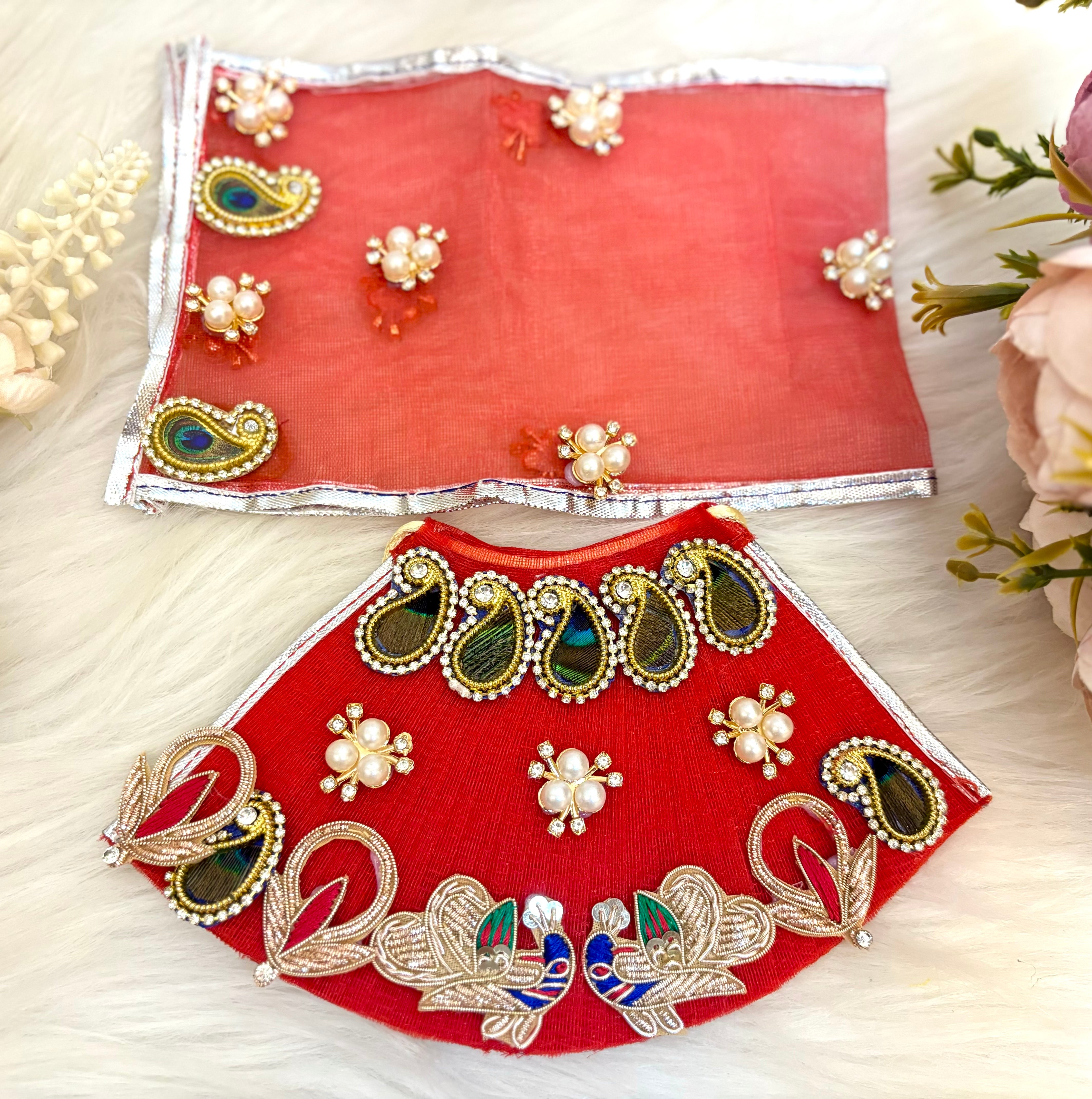 Handmade Designer Red Peacock Lehenga & Dhoti Set - 7 Piece Laddu Gopal Dress, Kanha Ji Poshak, Bal Gopal Dress for Janmashtami Festival