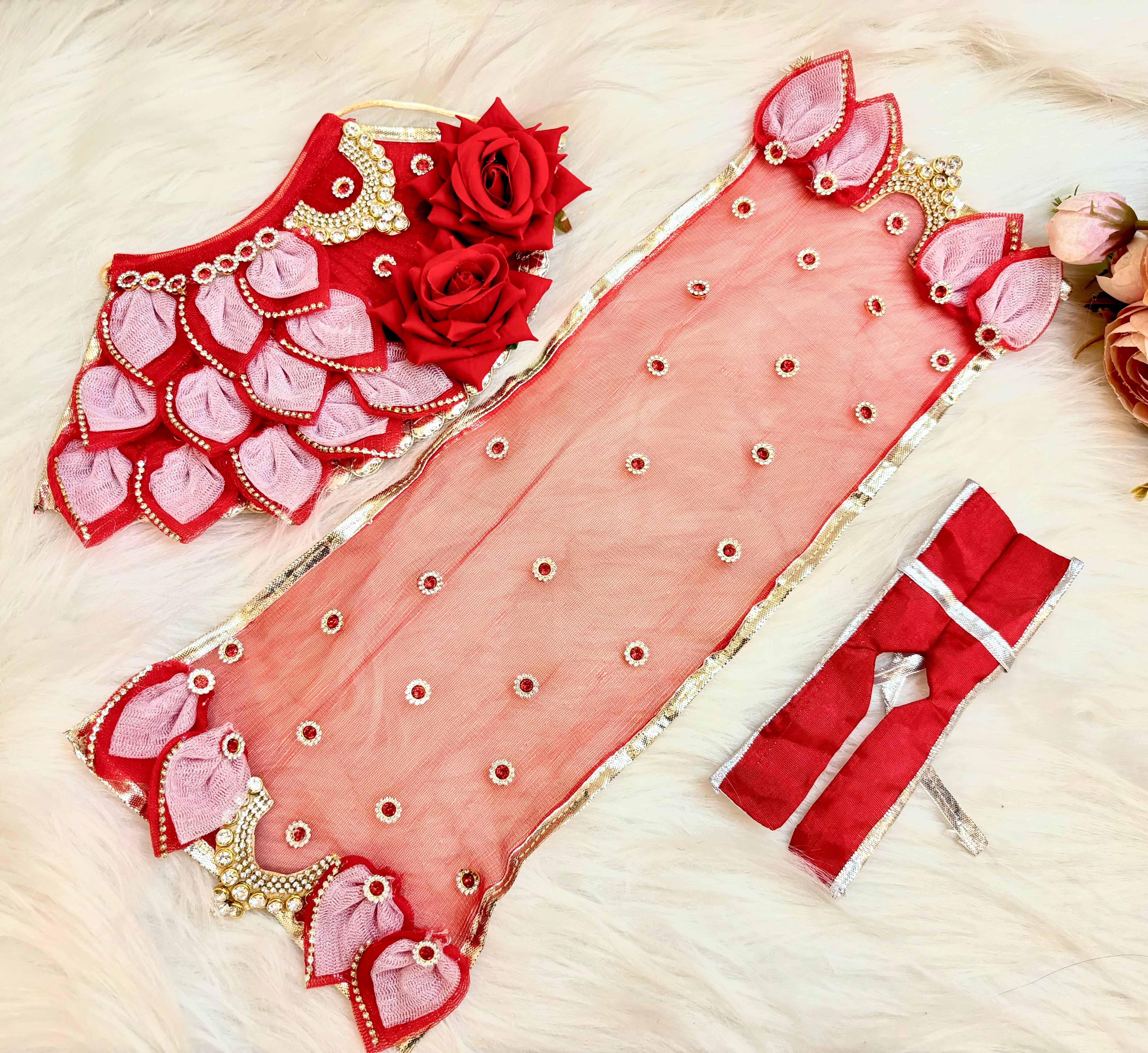 Handmade Mata Rani Red Rose Lehenga Set - 3 Piece Choli & Dupatta for Laddu Gopal Dress, Kanha Ji Poshak, Bal Gopal & Krishna Ji Dress - Perfect for Janmashtami Festival
