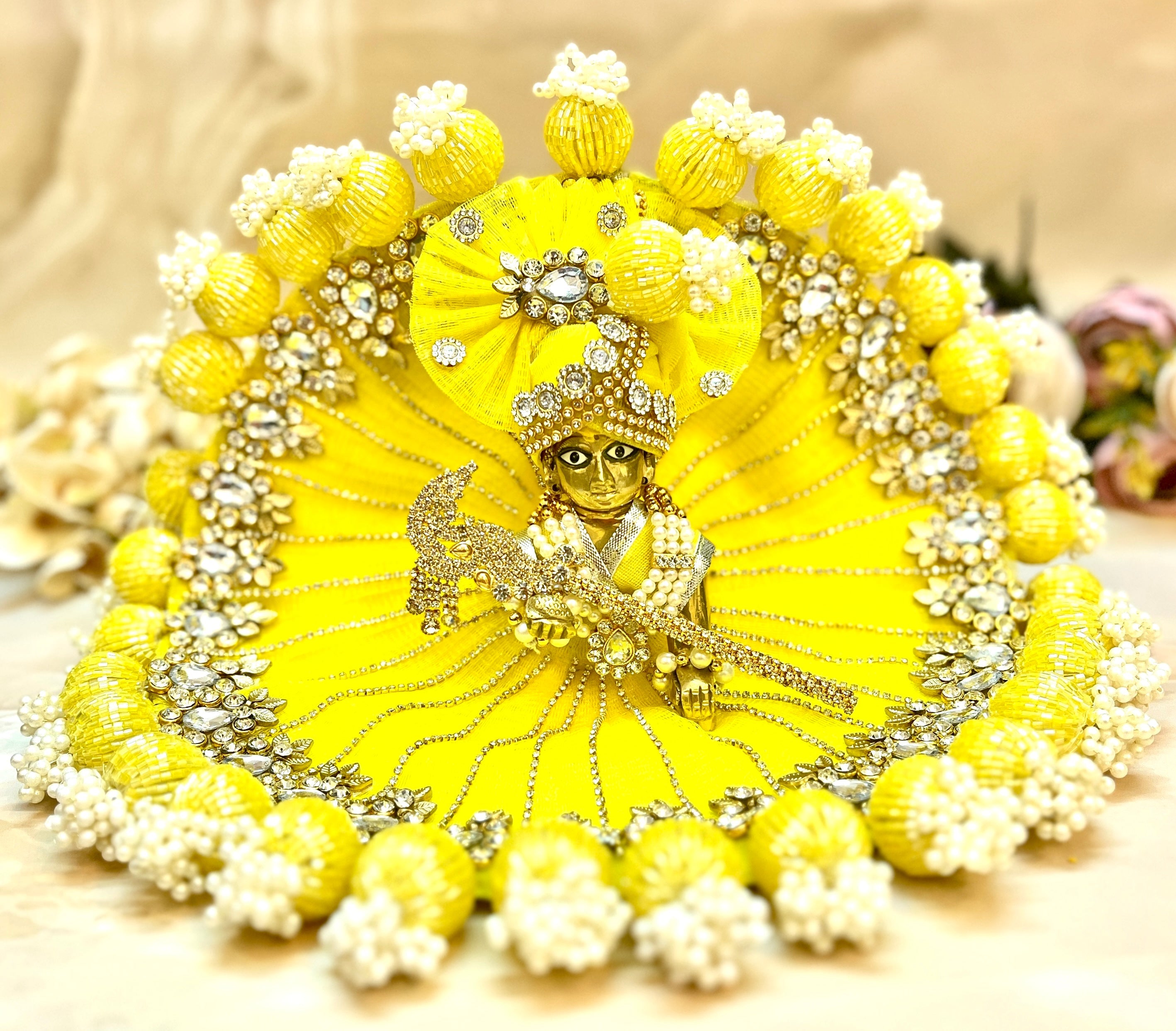 Handmade Pastel Yellow Heavy Jerken Laddu Gopal Dress - Designer Kanha Ji Poshak for Janmashtami, Fancy Bal Gopal & Krishna Ji Dress