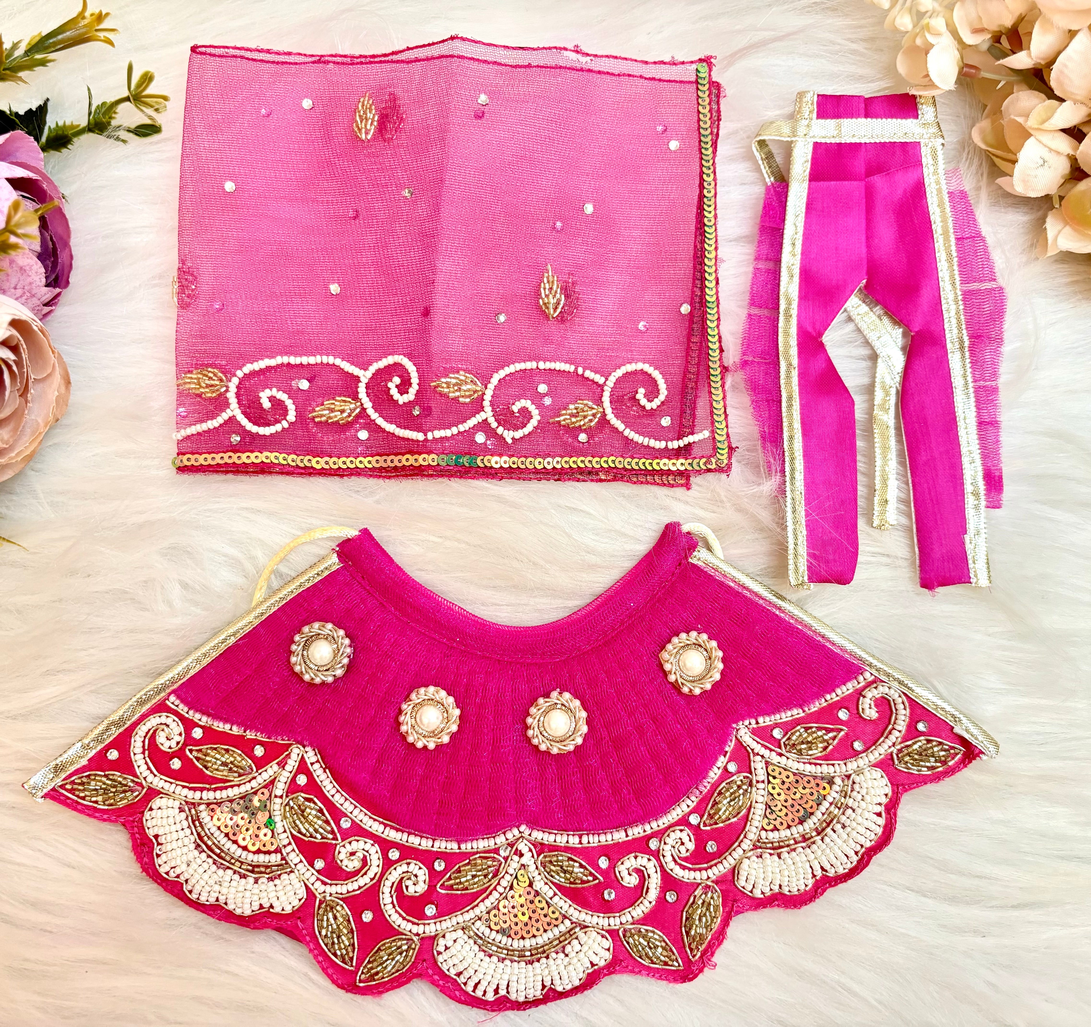 Designer Pink Pearl & Sequence Lehenga & Dhoti Set for Laddu Gopal - 6 Piece Kanha Ji Poshak, Bal Gopal Dress for Janmashtami Festival