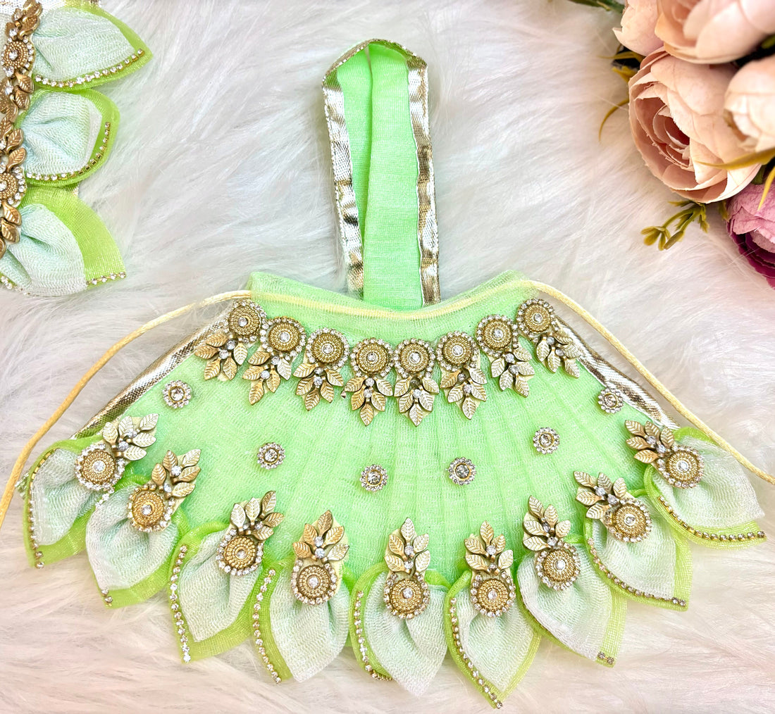 Handmade Mata Rani Pista Green Leaf Lehenga Set - 3 Piece Choli & Dupatta for Laddu Gopal, Kanha Ji, Bal Gopal & Krishna Ji Dress - Perfect for Janmashtami Festival
