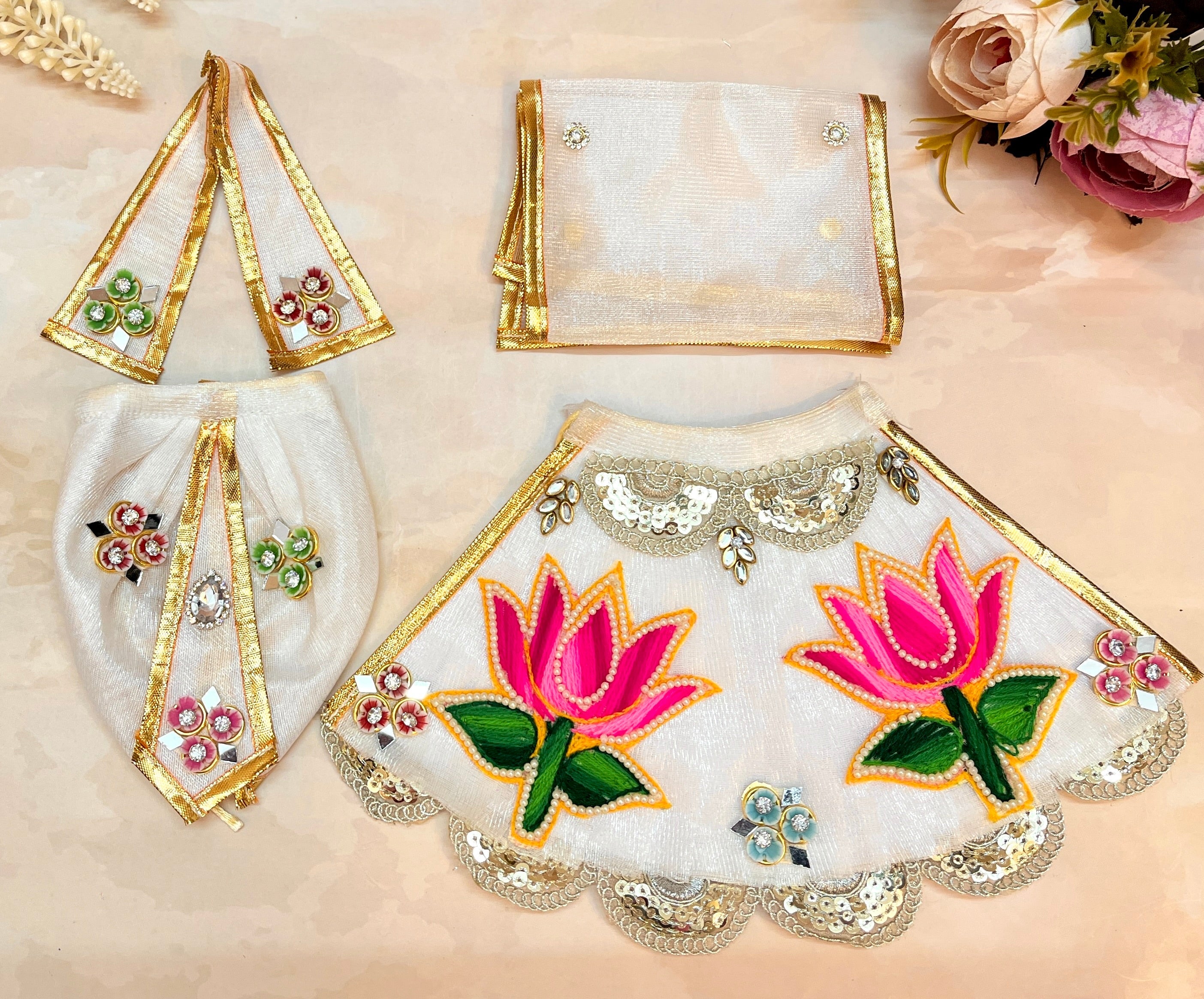Handmade Designer White & Pink Lotus Lehenga & Dhoti Set for Laddu Gopal, Kanha Ji, Bal Gopal - 6 Piece Fancy Dress for Janmashtami Festival