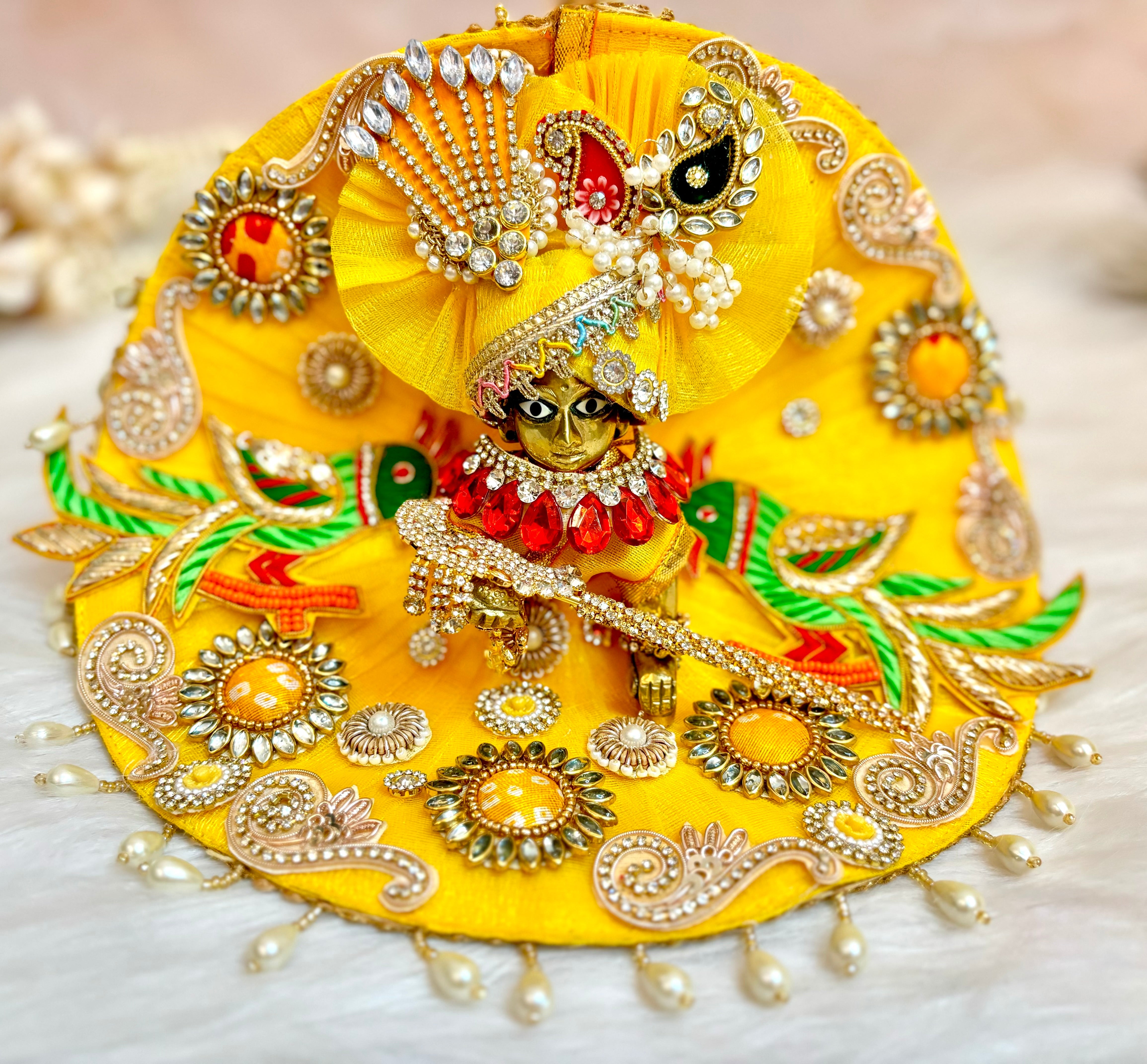 Handmade Yellow Parrot Laddu Gopal Dress - Designer Kanha Ji Poshak for Janmashtami, Fancy Bal Gopal Dress, Krishna Ji Dress