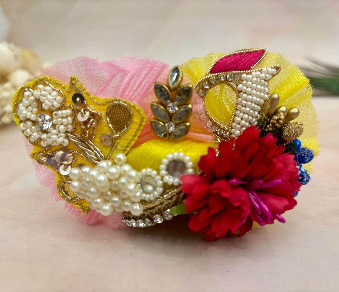 Handmade Luxe Yellow & Pink Laddu Gopal Dress - 4 Piece Designer Poshak Set for Janmashtami, Bal Gopal & Kanha Ji