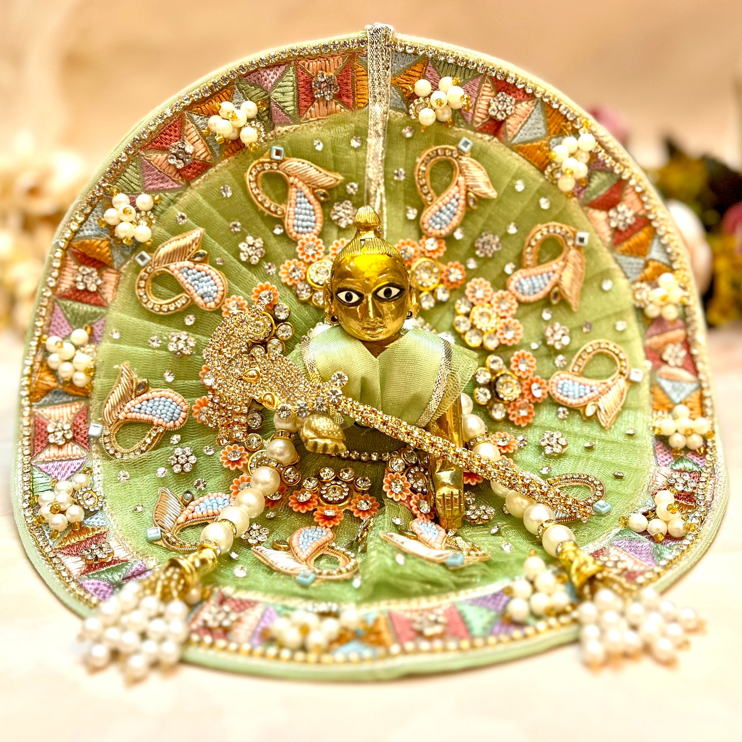 Handmade Green Hari Mukhi Roop Laddu Gopal Dress - Designer Kanha Ji Poshak with Free Patka & Necklace | Perfect for Janmashtami & Festivals