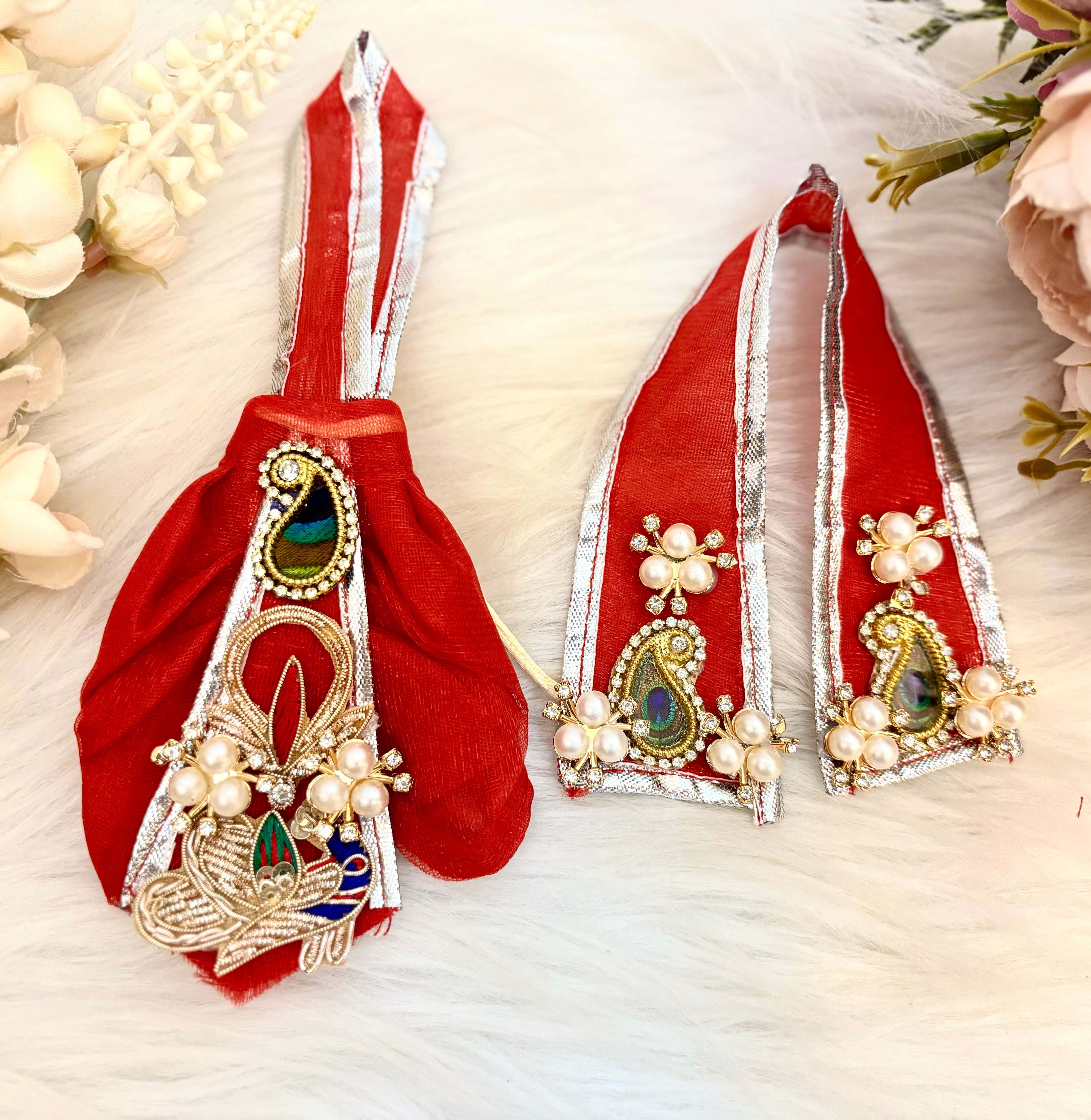 Handmade Designer Red Peacock Lehenga & Dhoti Set - 7 Piece Laddu Gopal Dress, Kanha Ji Poshak, Bal Gopal Dress for Janmashtami Festival