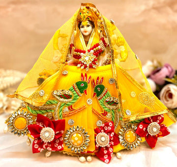 Handmade Mata Rani Yellow Parrot Lehenga Set - Designer Choli & Dupatta for Laddu Gopal Dress, Kanha Ji Poshak, Bal Gopal Dress for Janmashtami