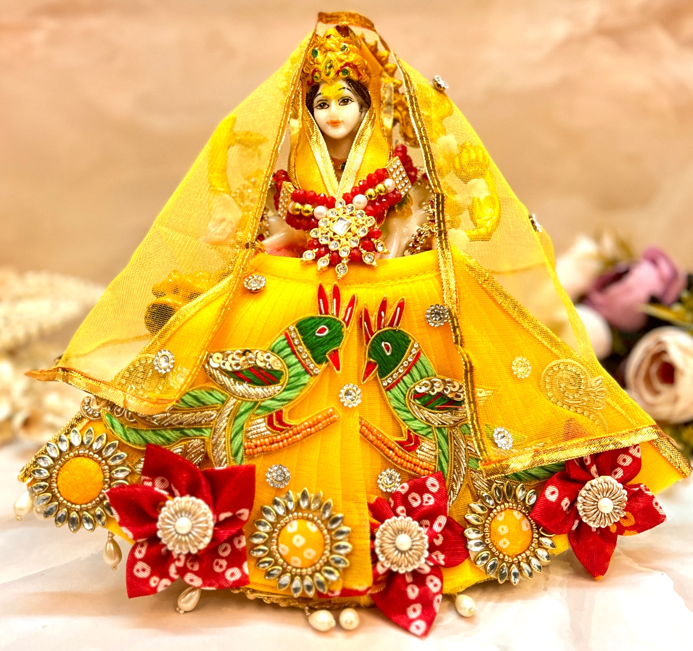 Handmade Mata Rani Yellow Parrot Lehenga Set - 3 Piece Choli & Dupatta for Laddu Gopal Dress, Kanha Ji Poshak, Bal Gopal Dress, and Janmashtami Festival