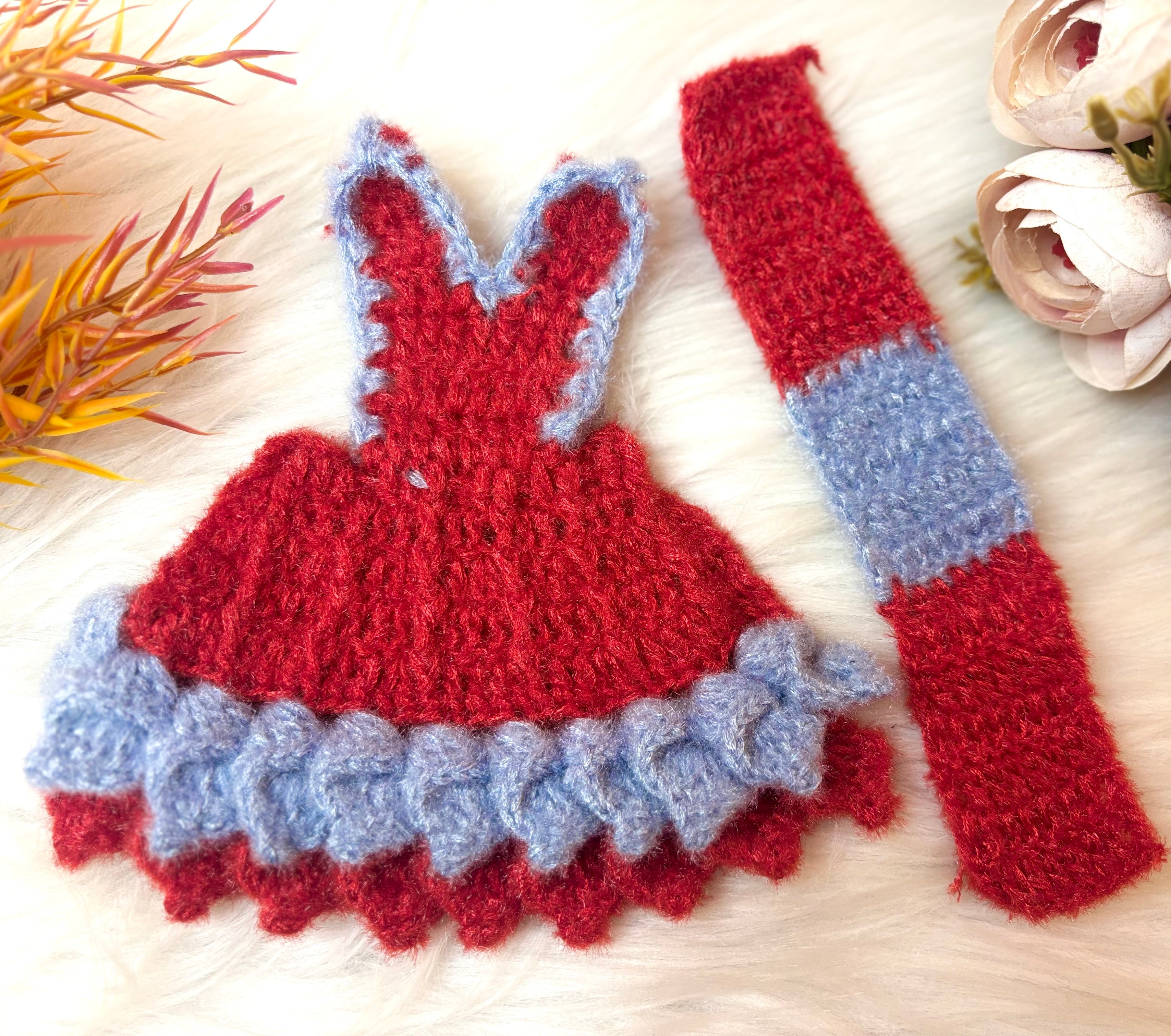 Handmade Red Woollen Mata Rani Lehenga, Choli & Patka - Designer Laddu Gopal Dress for Janmashtami, Kanha Ji Poshak, Bal Gopal & Krishna Ji Dress