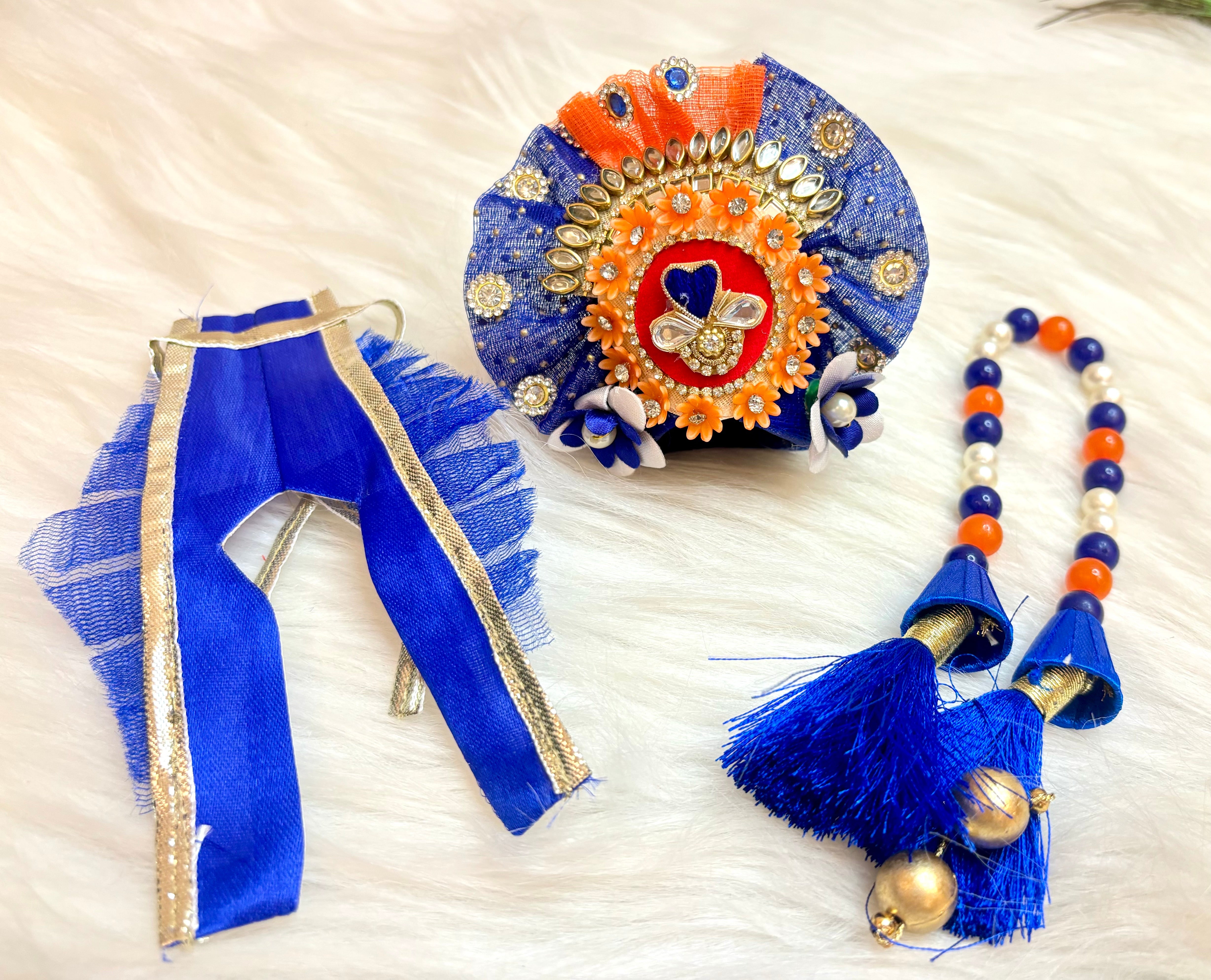Handmade Luxe Blue Pearl Laddu Gopal Dress Set - 4 Piece Designer Poshak for Kanha Ji, Bal Gopal & Krishna Ji - Perfect for Janmashtami Festival