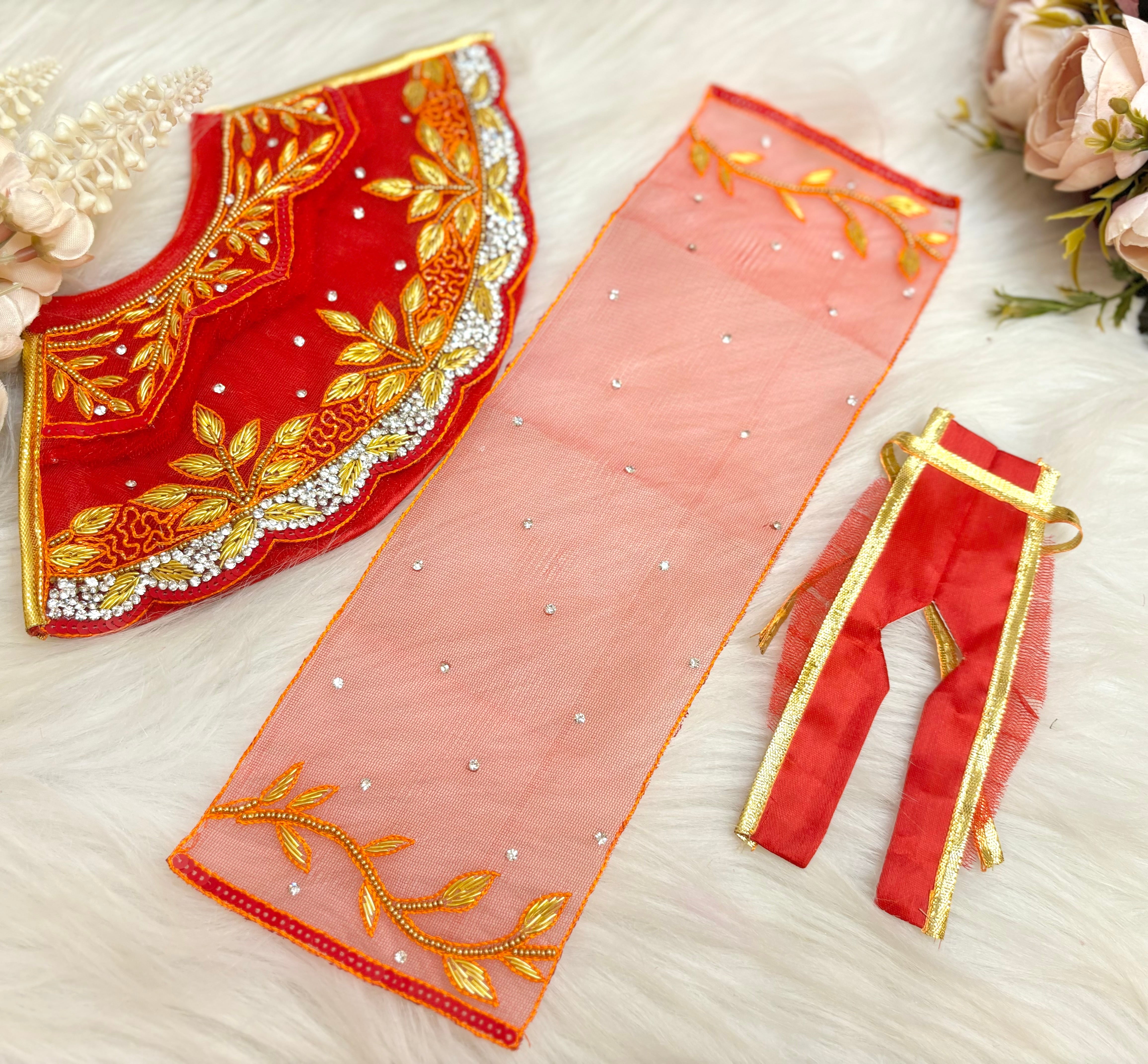 Luxe Handmade Mata Rani Golden Red Leaf Lehenga Set - Designer Choli & Dupatta for Laddu Gopal Dress, Kanha Ji Poshak, Bal Gopal Dress for Janmashtami