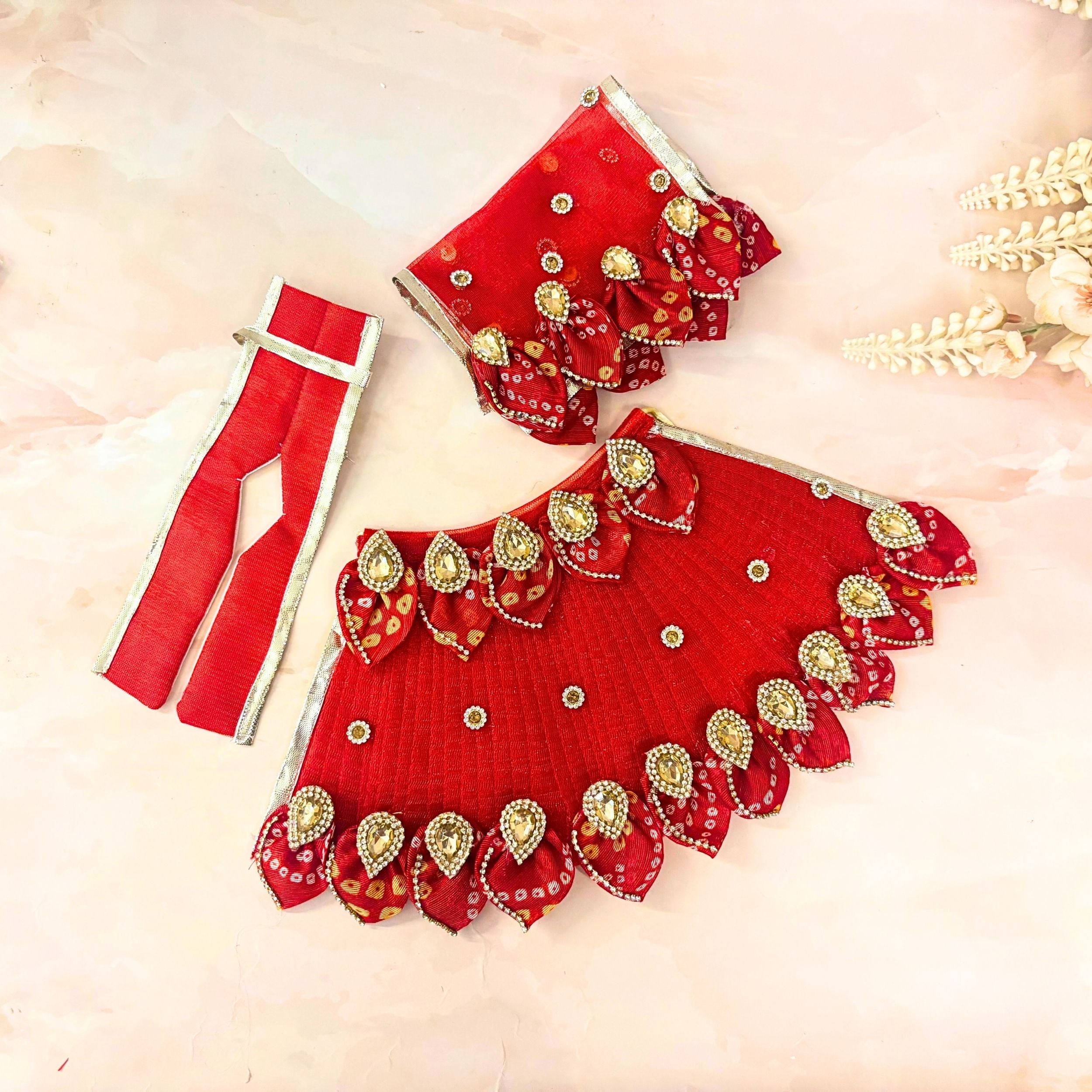 Handmade Designer RK Yugal Sarkar Bandhej Set for Laxmi Ji & Ganesh Ji - Perfect for Janmashtami, Includes Laddu Gopal Dress & Kanha Ji Poshak