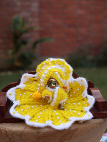 Handmade Basanti Yellow Wool Laddu Gopal Dress Set - 3 Pc Designer Poshak for Kanha Ji, Bal Gopal & Krishna Ji - Perfect for Janmashtami Festival