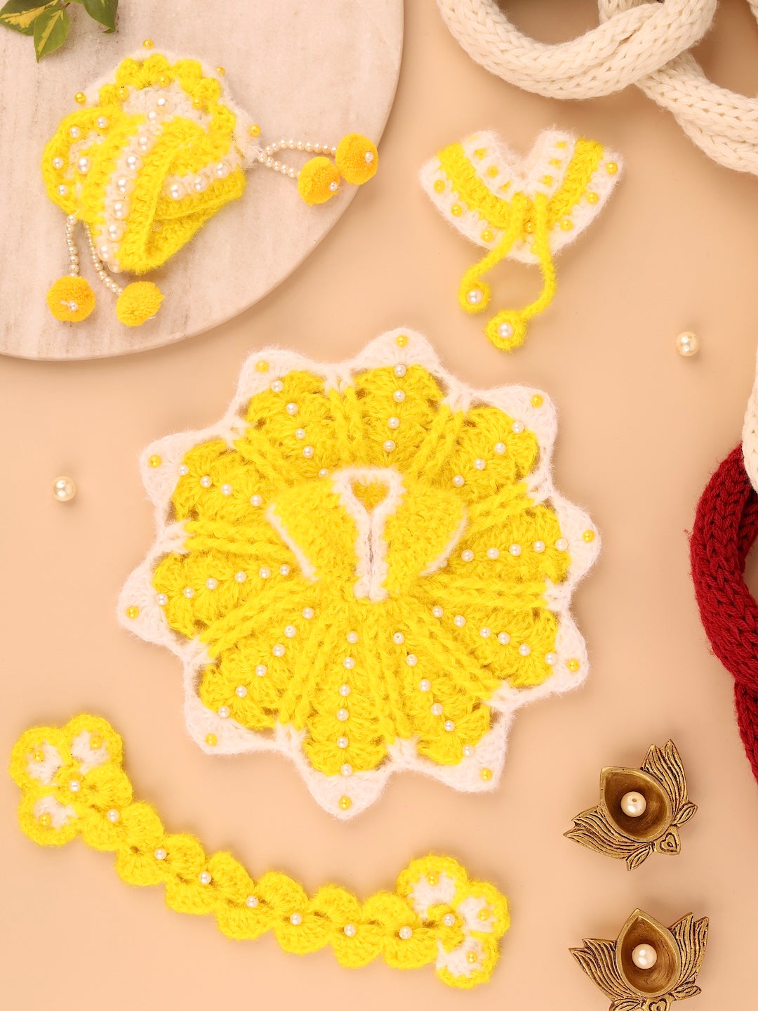 Handmade Basanti Yellow Wool Laddu Gopal Dress Set - 3 Pc Designer Poshak for Kanha Ji, Bal Gopal & Krishna Ji - Perfect for Janmashtami Festival