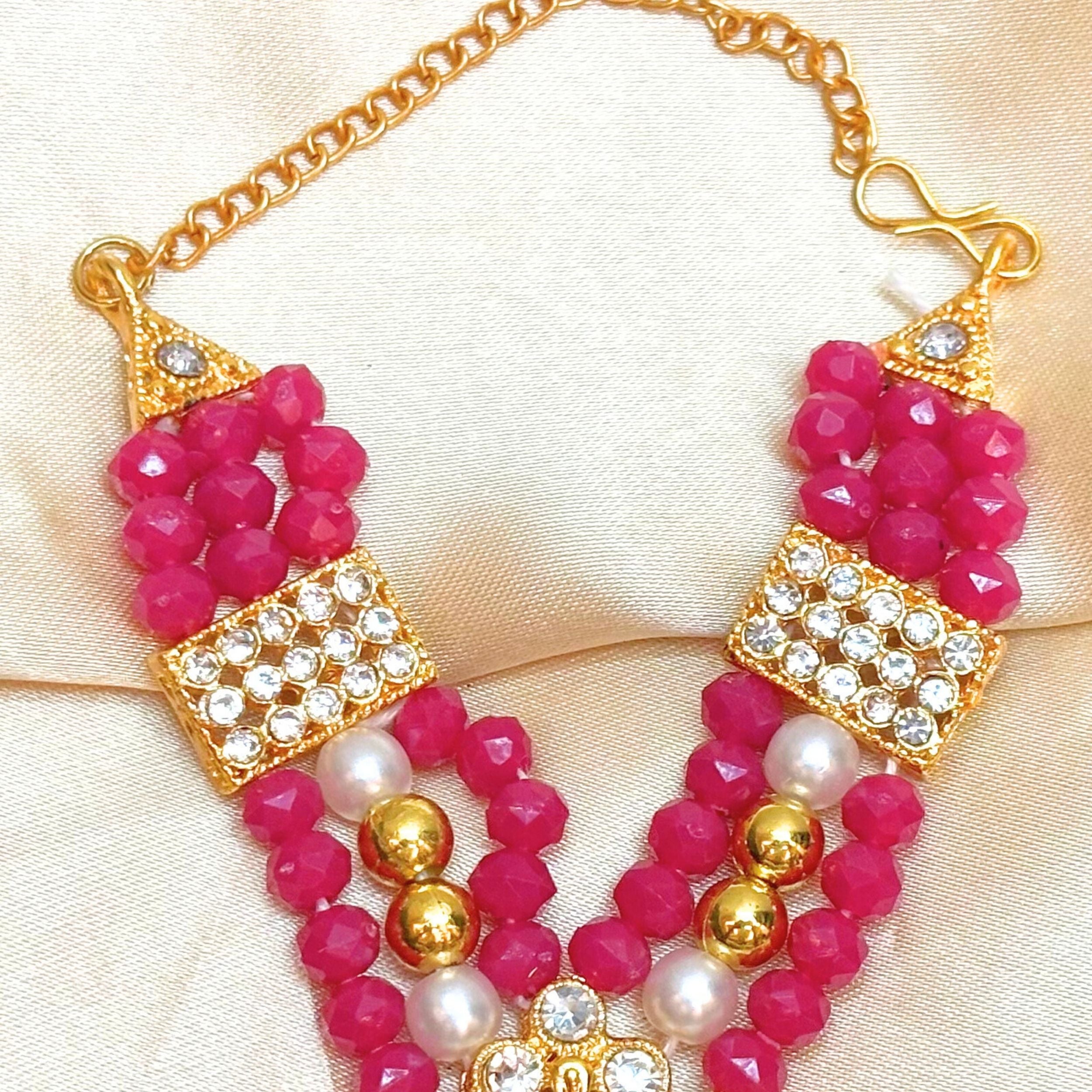 Handmade Magenta Jerken Necklace & Haar for Laddu Gopal, Kanha Ji, Bal Gopal - Designer Poshak for Janmashtami Festival