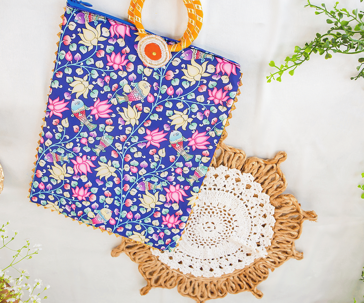 Handmade Blue Kalamkari Pichwai Hand Bag - Perfect for Janmashtami Celebrations, Ideal for Laddu Gopal Dress, Kanha Ji Poshak & Bal Gopal Dress
