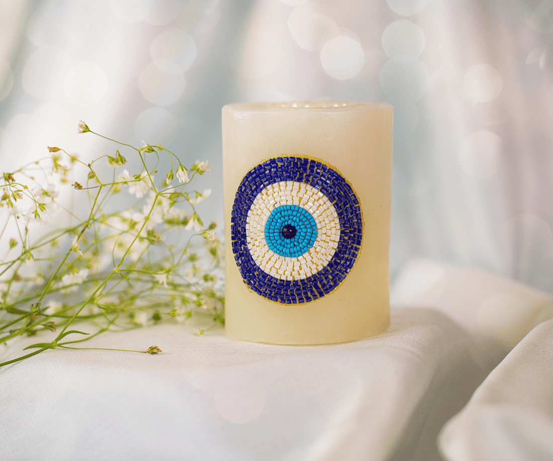 Handmade Blue Evil Eye Candle Holder - Perfect for Janmashtami, Bal Gopal Dress, Kanha Ji Poshak & Krishna Ji Dress Decor