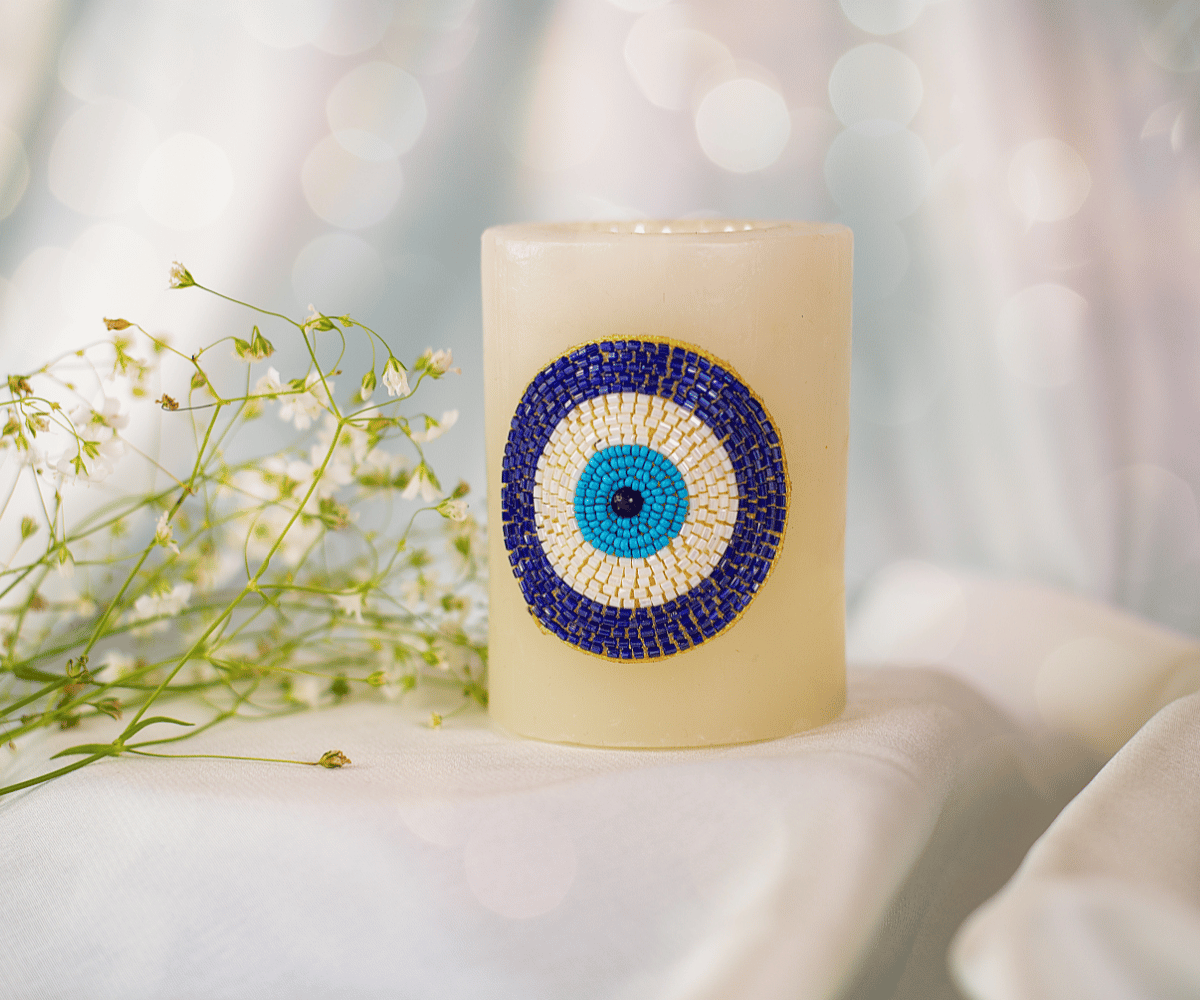 Handmade Blue Evil Eye Candle Holder - Perfect for Janmashtami, Bal Gopal Dress, Kanha Ji Poshak & Krishna Ji Dress Decor