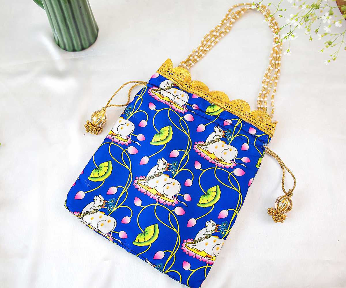 Handmade Blue Cow Pichwai Potli with Pearl Handle - Designer Laddu Gopal Dress, Kanha Ji Poshak for Janmashtami & Festivals, Bal Gopal & Krishna Ji Dress