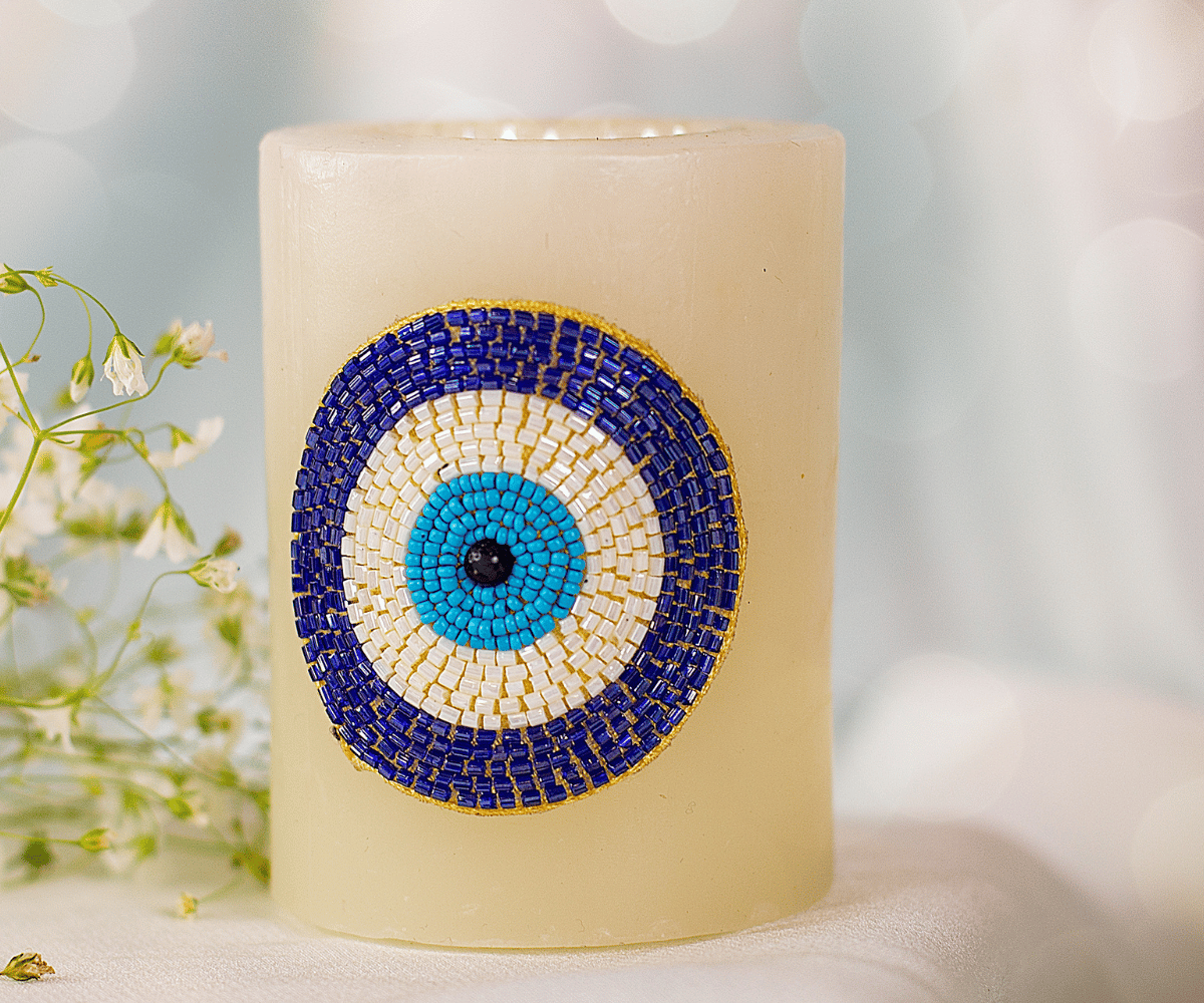 Handmade Blue Evil Eye Candle Holder - Perfect for Janmashtami, Bal Gopal Dress, Kanha Ji Poshak & Krishna Ji Dress Decor
