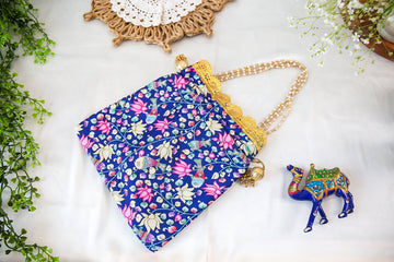 Handmade Blue Kalamkari Pichwai Potli with Pearl Handle - Designer Laddu Gopal Dress, Kanha Ji Poshak for Janmashtami & Festivals