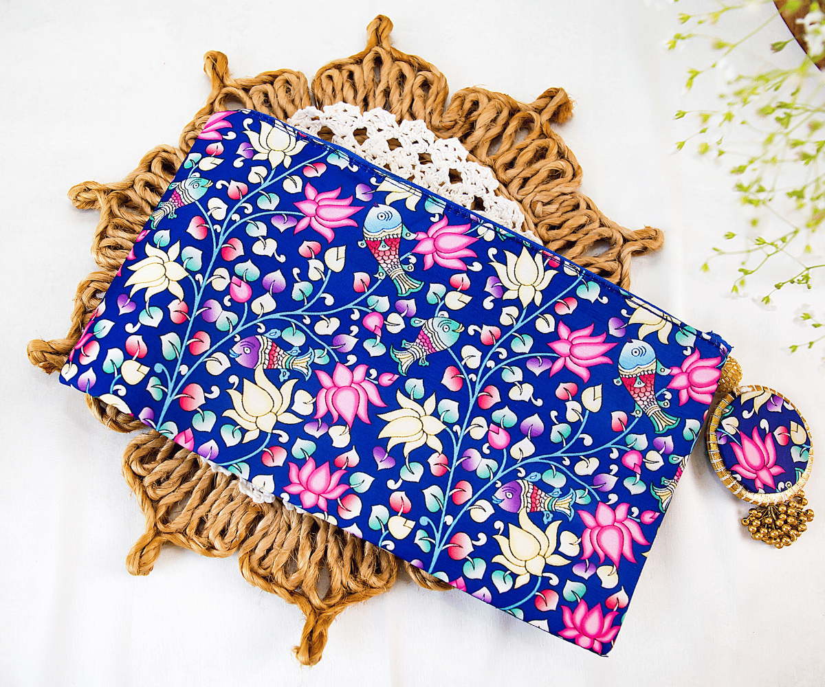 Handmade Blue Kalamkari Silk Zip Bags for Laddu Gopal Dress, Kanha Ji Poshak, Bal Gopal Dress & Krishna Ji Dress - Perfect for Janmashtami Festival
