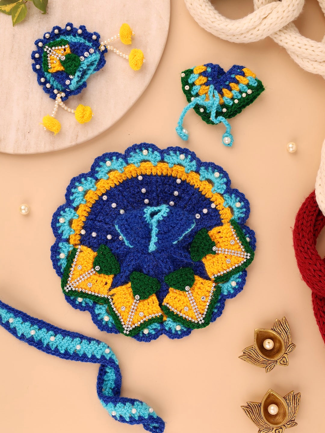 Handmade Blue Wool Laddu Gopal Poshak Set - 3 Pc Designer Dress for Kanha Ji, Bal Gopal & Krishna Ji | Perfect for Janmashtami Festival