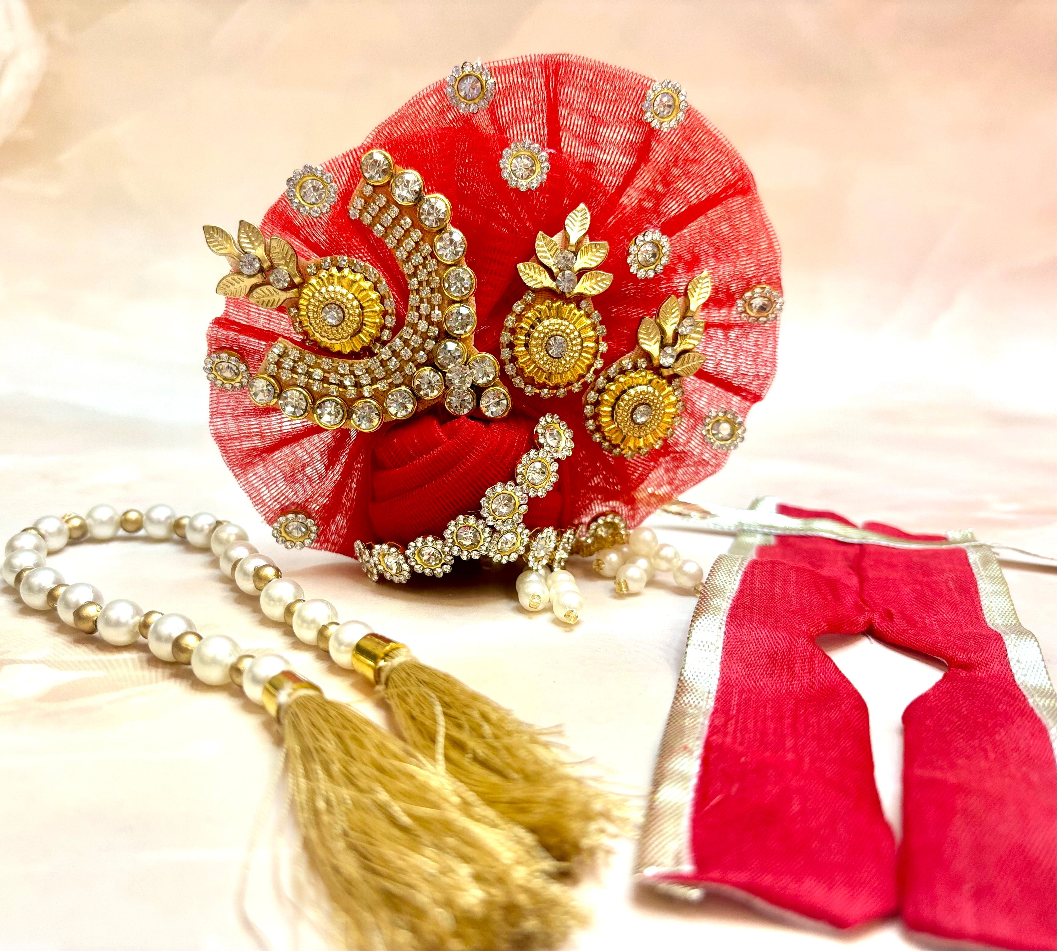 Handmade Red Laddu Gopal Dress Set - 4 Piece Designer Poshak for Kanha Ji & Bal Gopal | Fancy Janmashtami Krishna Ji Dress