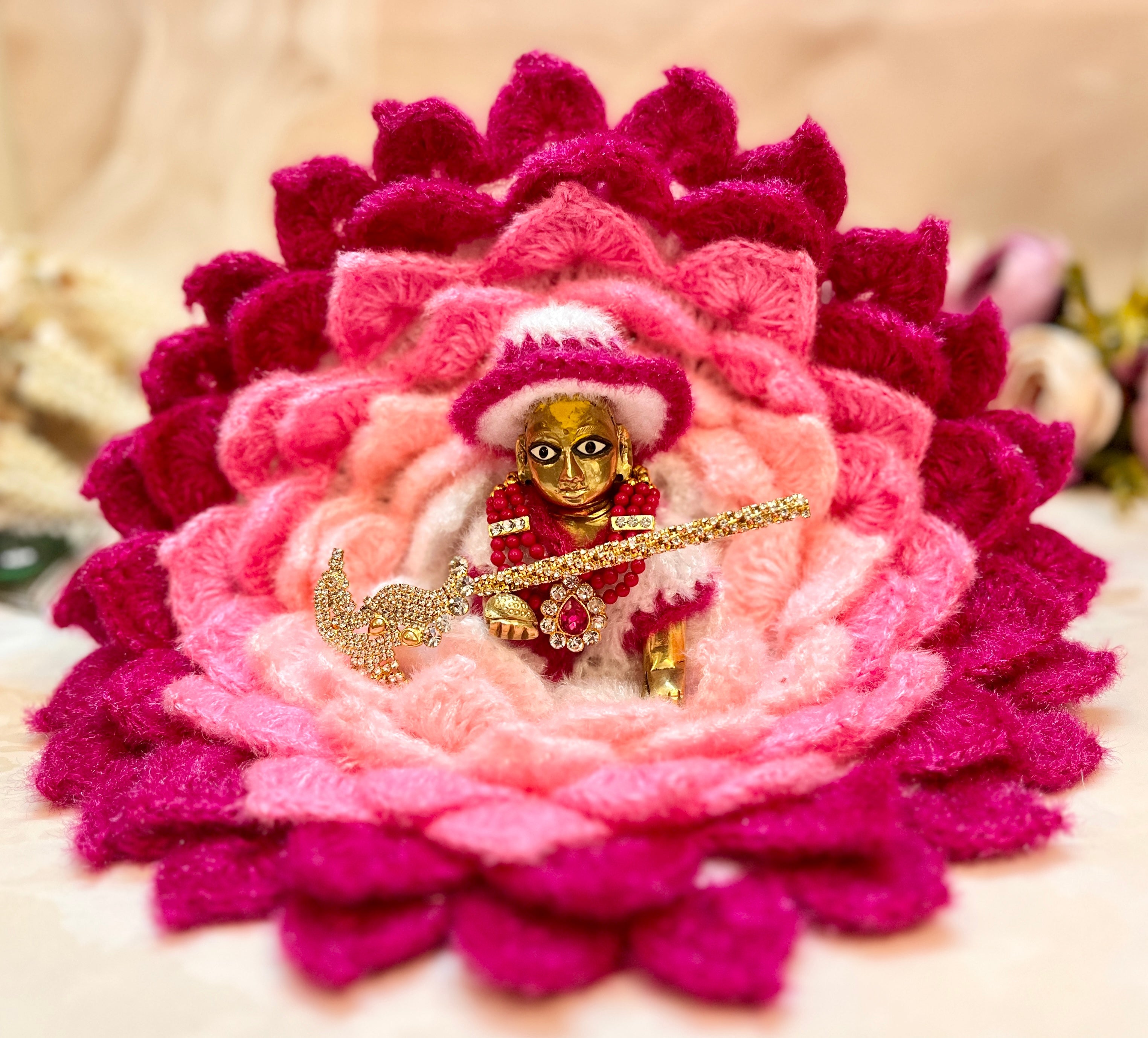 Handmade Magenta & White Lotus Woollen Laddu Gopal Dress - Designer Kanha Ji Poshak for Janmashtami, Fancy Bal Gopal & Krishna Ji Dress