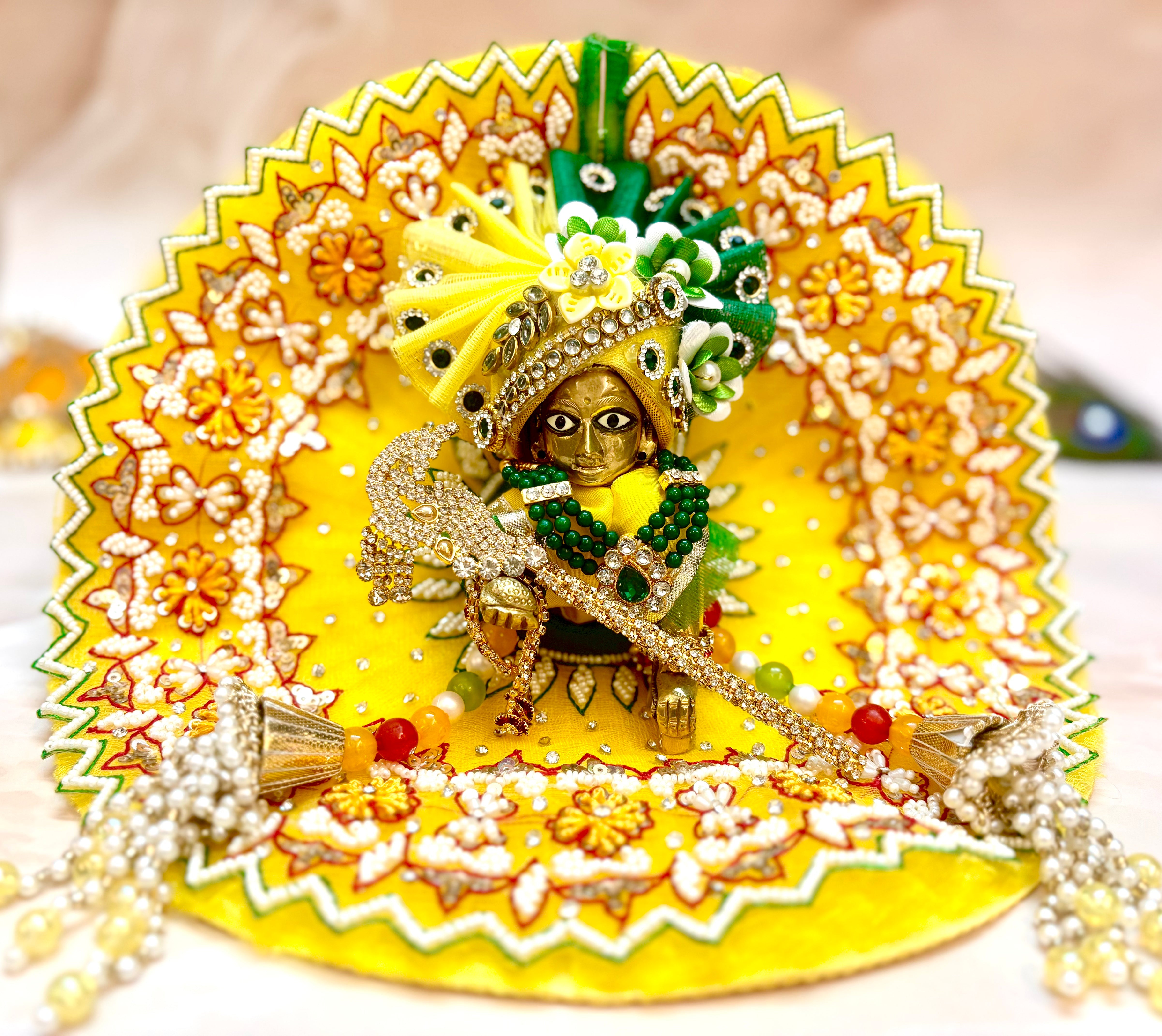 Handmade Luxe Yellow Pearl Hand Embroidered Laddu Gopal Dress Set - Designer Kanha Ji Poshak for Janmashtami | Fancy Bal Gopal Dress
