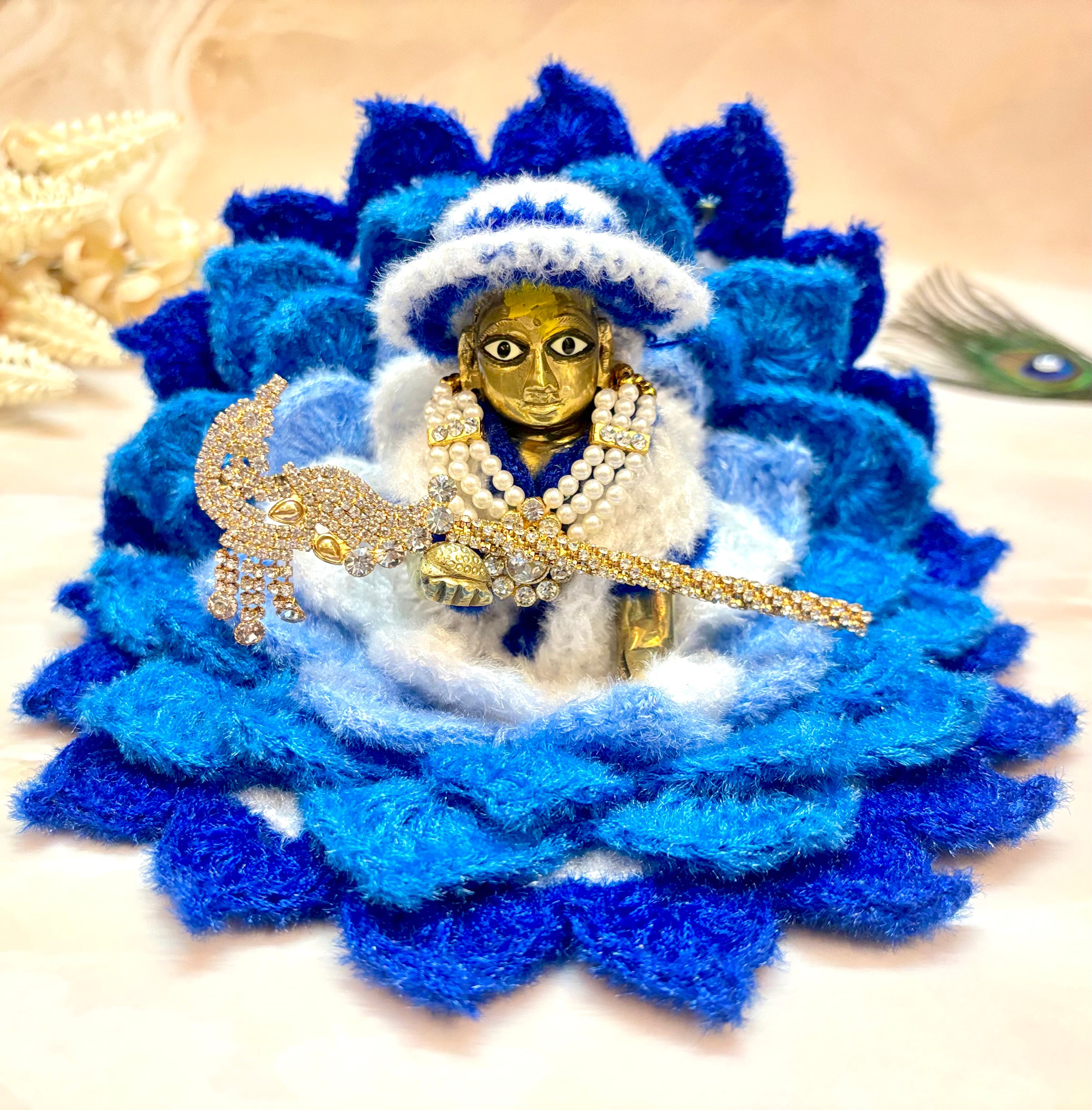 Handmade Blue and White Lotus Woollen Laddu Gopal Dress - Designer Kanha Ji Poshak for Janmashtami, Fancy Bal Gopal Dress, Krishna Ji Dress