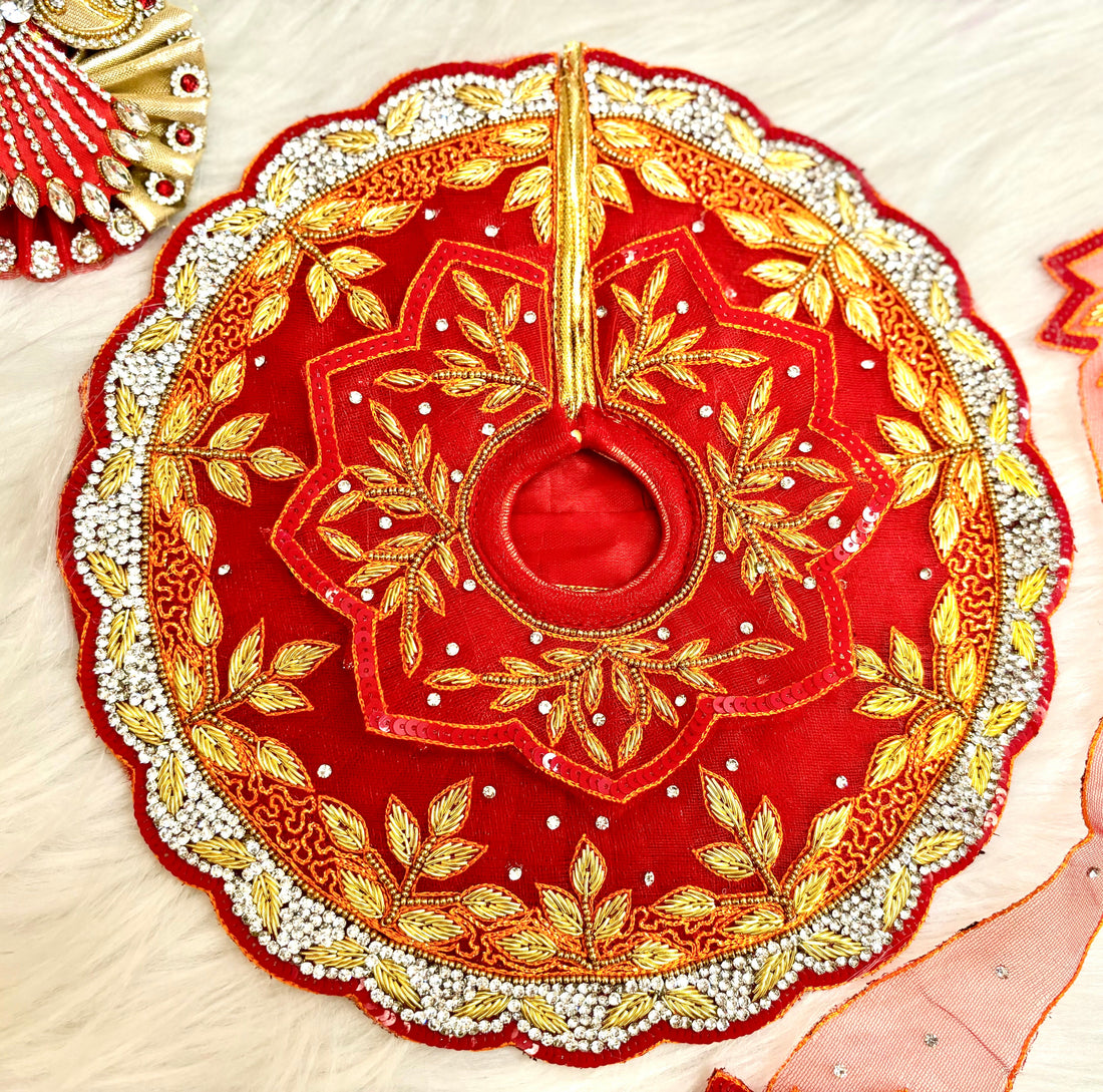 Handmade Luxe Golden Red Leaf Radha Rani Dress Set - 5 Piece Designer Laddu Gopal Poshak for Janmashtami, Kanha Ji & Bal Gopal Celebrations