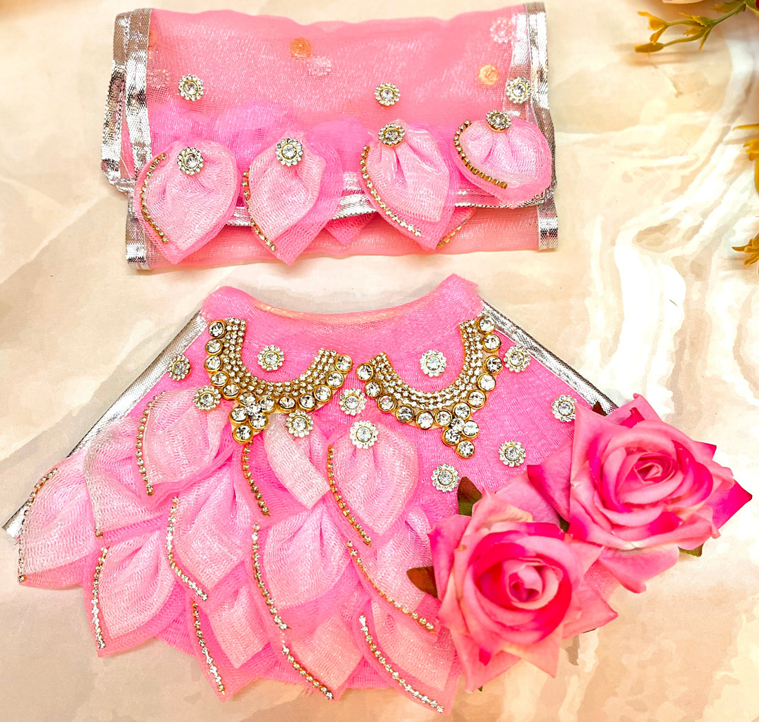Handmade Mata Rani Pink Rose Lehenga Set - Designer Choli & Dupatta for Laddu Gopal Dress, Kanha Ji Poshak, Bal Gopal Dress for Janmashtami Festival