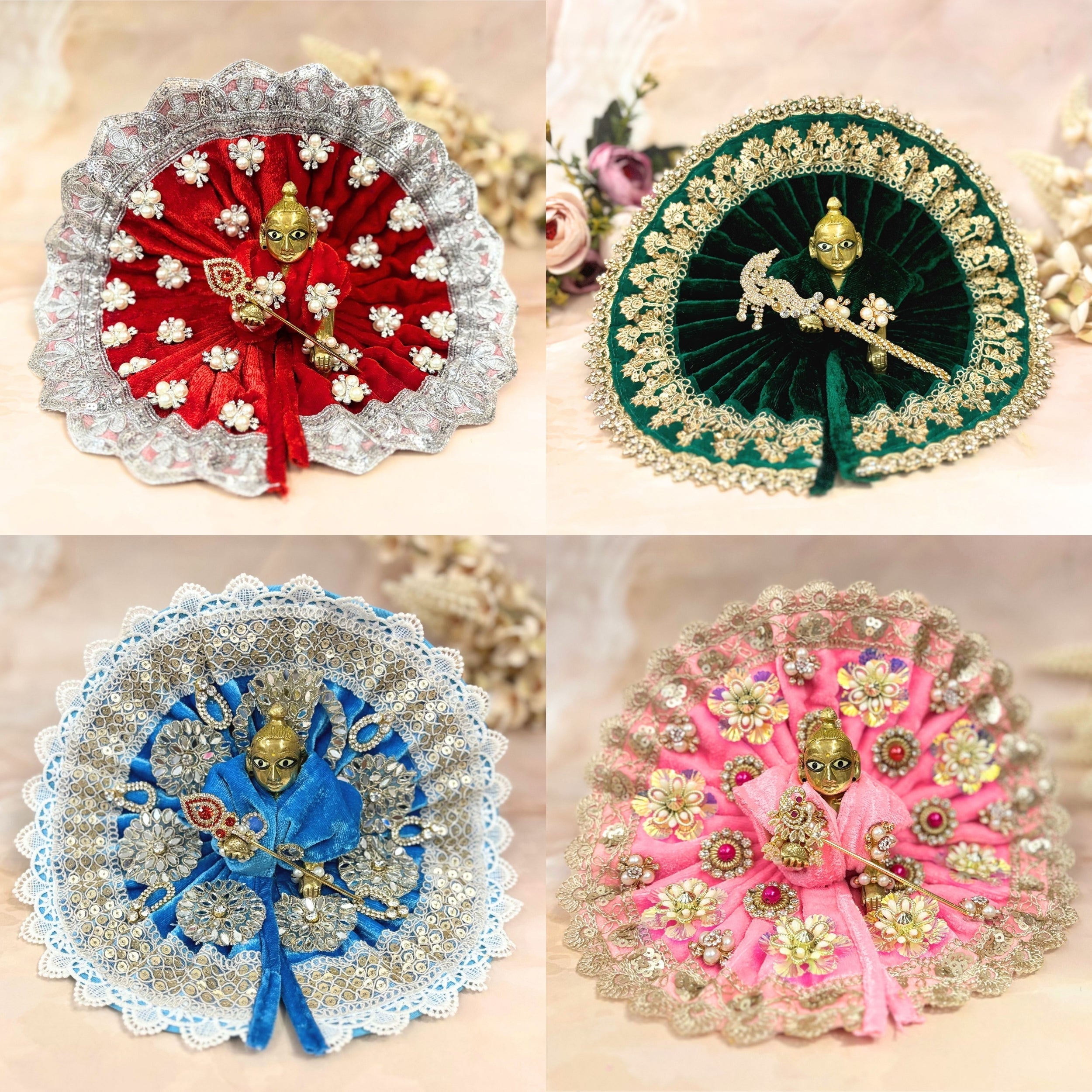 Handmade Maniratna Velvet Laddu Gopal Dress Combo – Set of 4 Designer Poshaks for Janmashtami | Fancy Bal Gopal & Kanha Ji Dresses