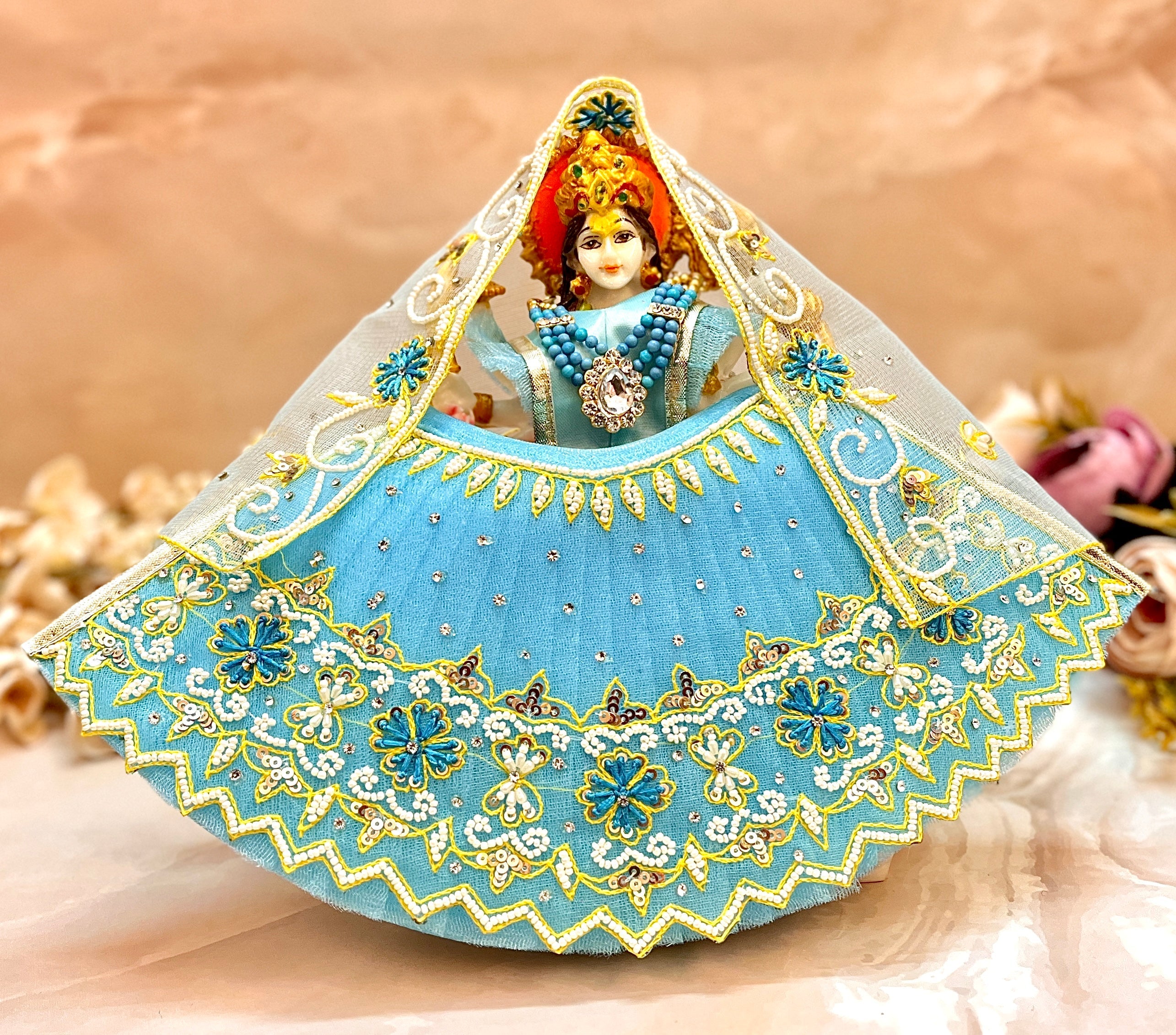 Luxe Handmade Sky Blue Pearl Lehenga Set - Designer Choli & Dupatta for Laddu Gopal Dress, Kanha Ji Poshak, Bal Gopal Dress, Janmashtami Festival