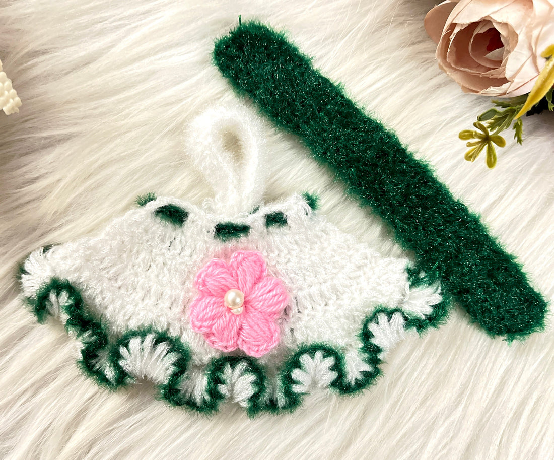 Handmade Green & Pink Flower Woollen Lehenga, Choli & Patka - Designer Laddu Gopal Dress for Janmashtami, Kanha Ji Poshak, Bal Gopal Fancy Dress