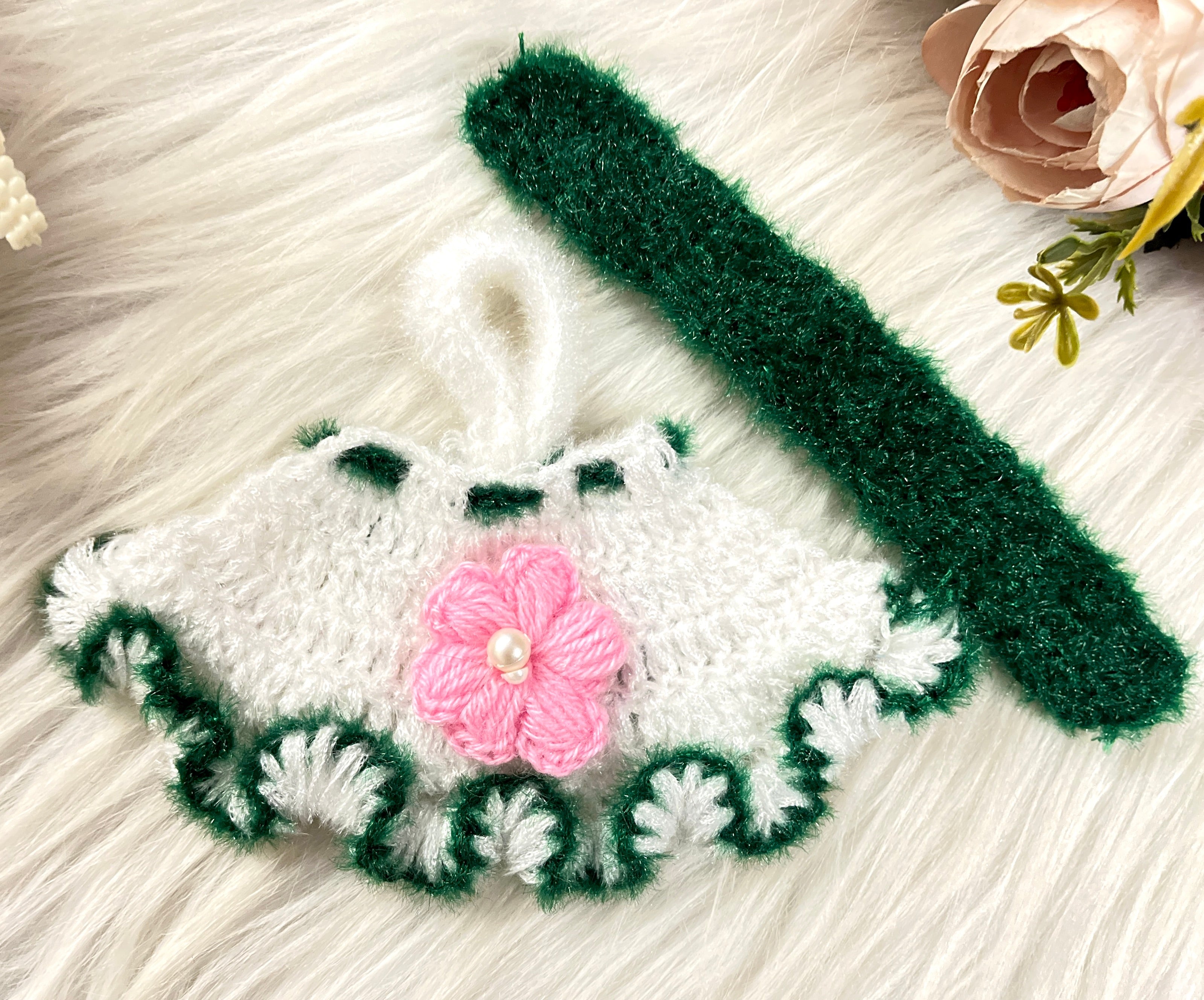 Handmade Green & Pink Flower Woollen Lehenga, Choli & Patka - Designer Laddu Gopal Dress for Janmashtami, Kanha Ji Poshak, Bal Gopal Fancy Dress