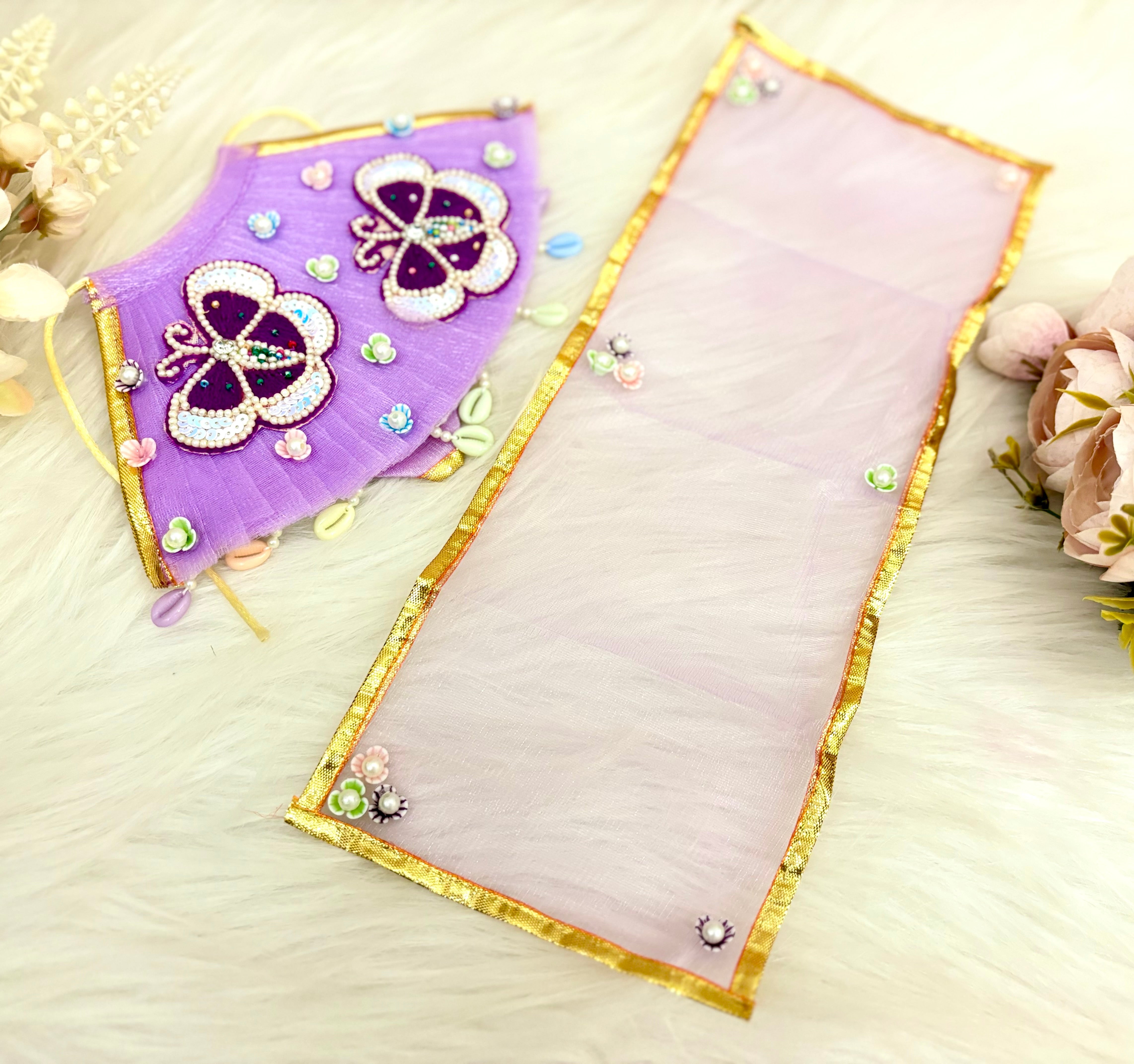 Handmade Designer Purple Butterfly Lehenga & Dhoti Set for Laddu Gopal | Fancy Kanha Ji Poshak | Bal Gopal & Krishna Ji Dress - 6 Piece Festival Outfit