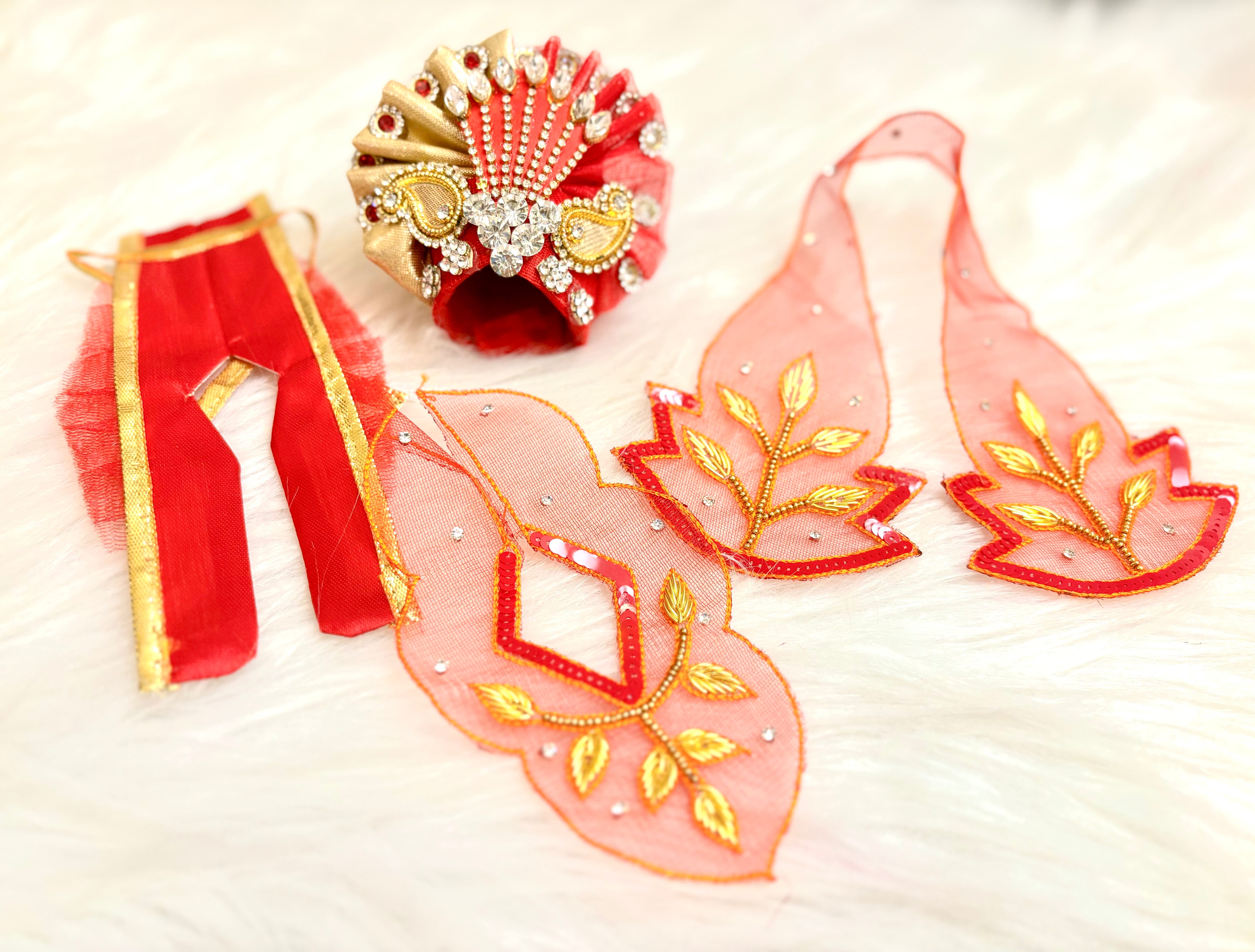 Handmade Luxe Golden Red Leaf Radha Rani Dress Set - 5 Piece Designer Laddu Gopal Poshak for Janmashtami, Kanha Ji & Bal Gopal Celebrations