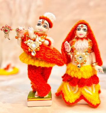 Handmade Orange & Yellow Designer Laddu Gopal Dress Set - 7 Piece Kanha Ji Poshak for Janmashtami, Bal Gopal & Krishna Ji Celebrations