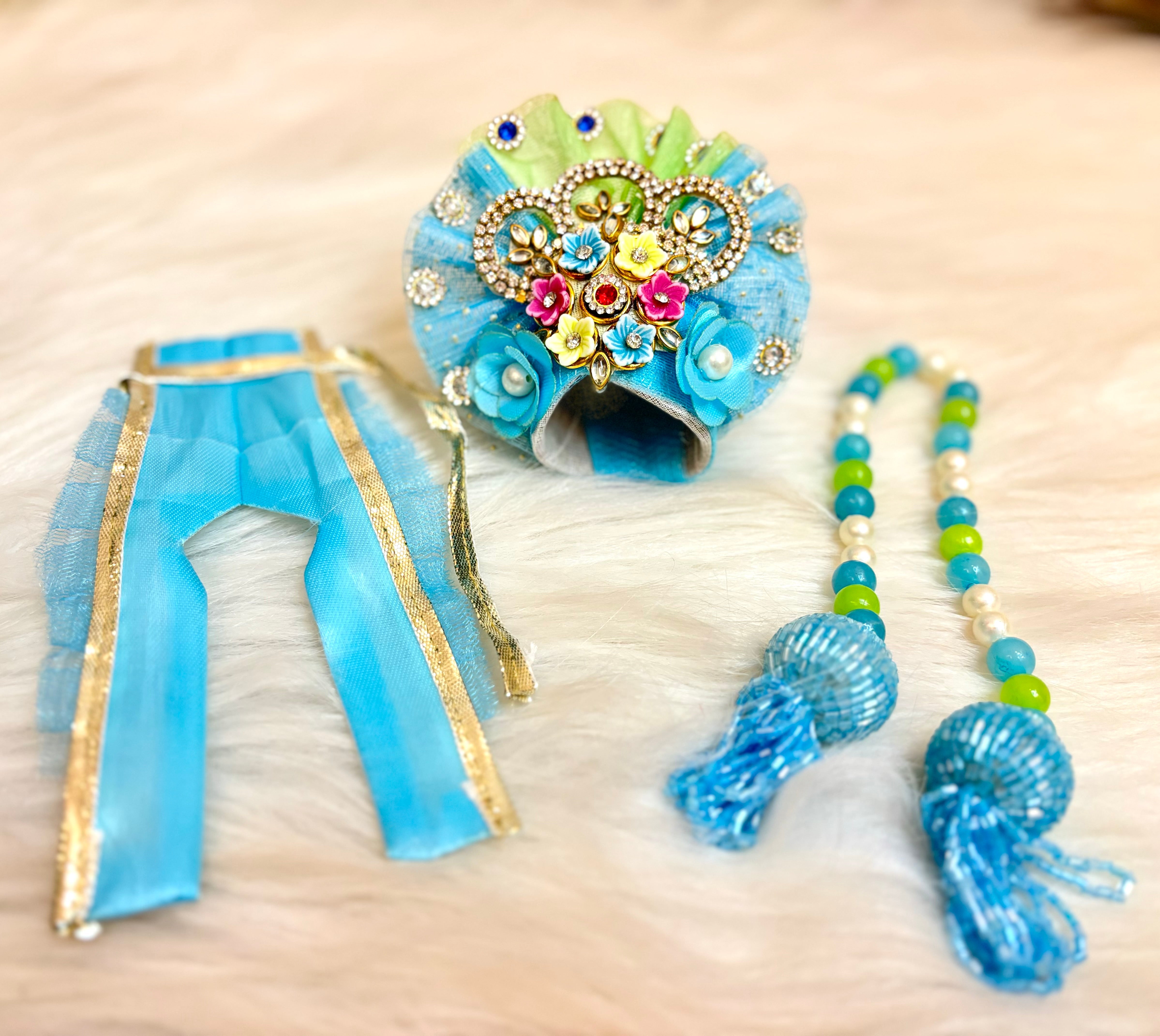Handmade Sky Blue Pearl Hand Embroidered Laddu Gopal Dress - 4 Piece Designer Poshak Set for Janmashtami, Kanha Ji, Bal Gopal & Krishna Ji