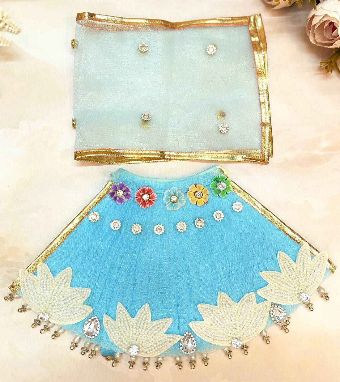 Handmade Mata Rani Pastel Blue Lehenga Set - 3 Piece Choli & Dupatta for Laddu Gopal Dress, Kanha Ji Poshak, Bal Gopal & Krishna Ji Dress for Janmashtami Festival