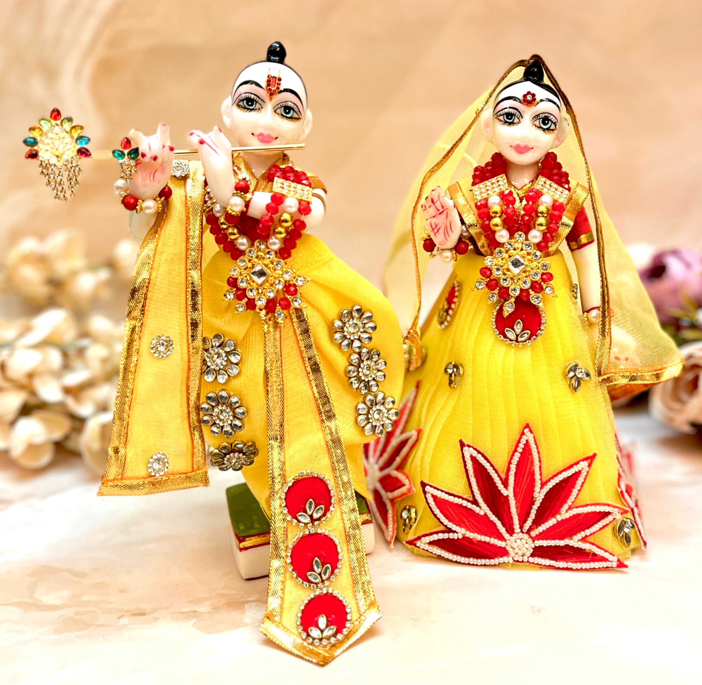 Handmade Designer Lime Lotus Lehenga & Dhoti Set for Laddu Gopal Dress | Kanha Ji Poshak | Bal Gopal & Krishna Ji Dress - 6 Piece Festival Set