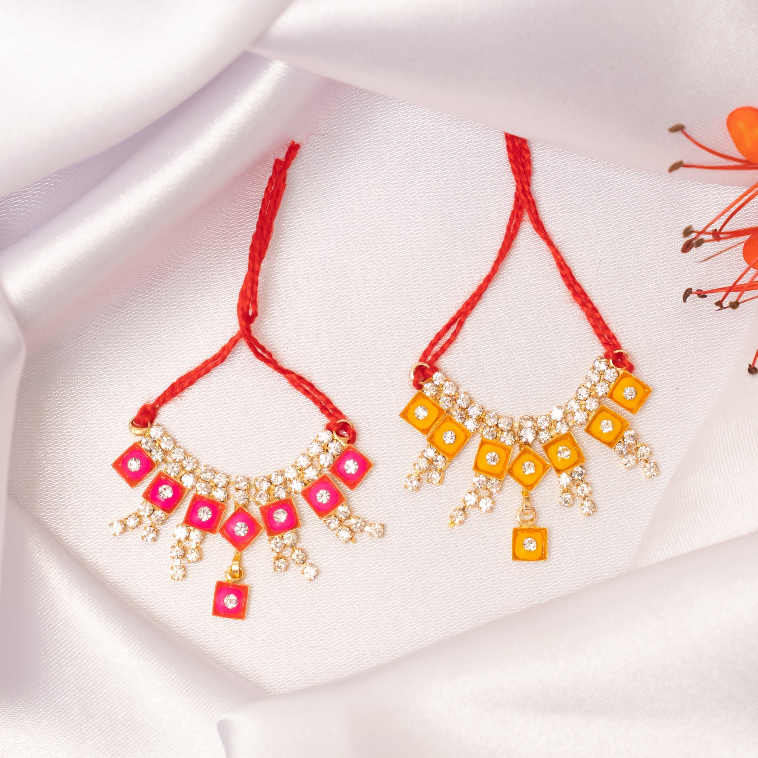 Handmade Gulmohar Ratna Necklace Set (Pack of 2) - Perfect for Laddu Gopal Dress, Kanha Ji Poshak, Bal Gopal Dress & Janmashtami Celebrations