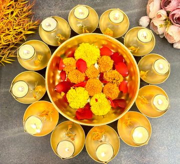 Handmade Decorative Urli Bowl with 12 Tealight Holders - Perfect for Janmashtami Celebrations, Featuring Laddu Gopal Dress & Kanha Ji Poshak